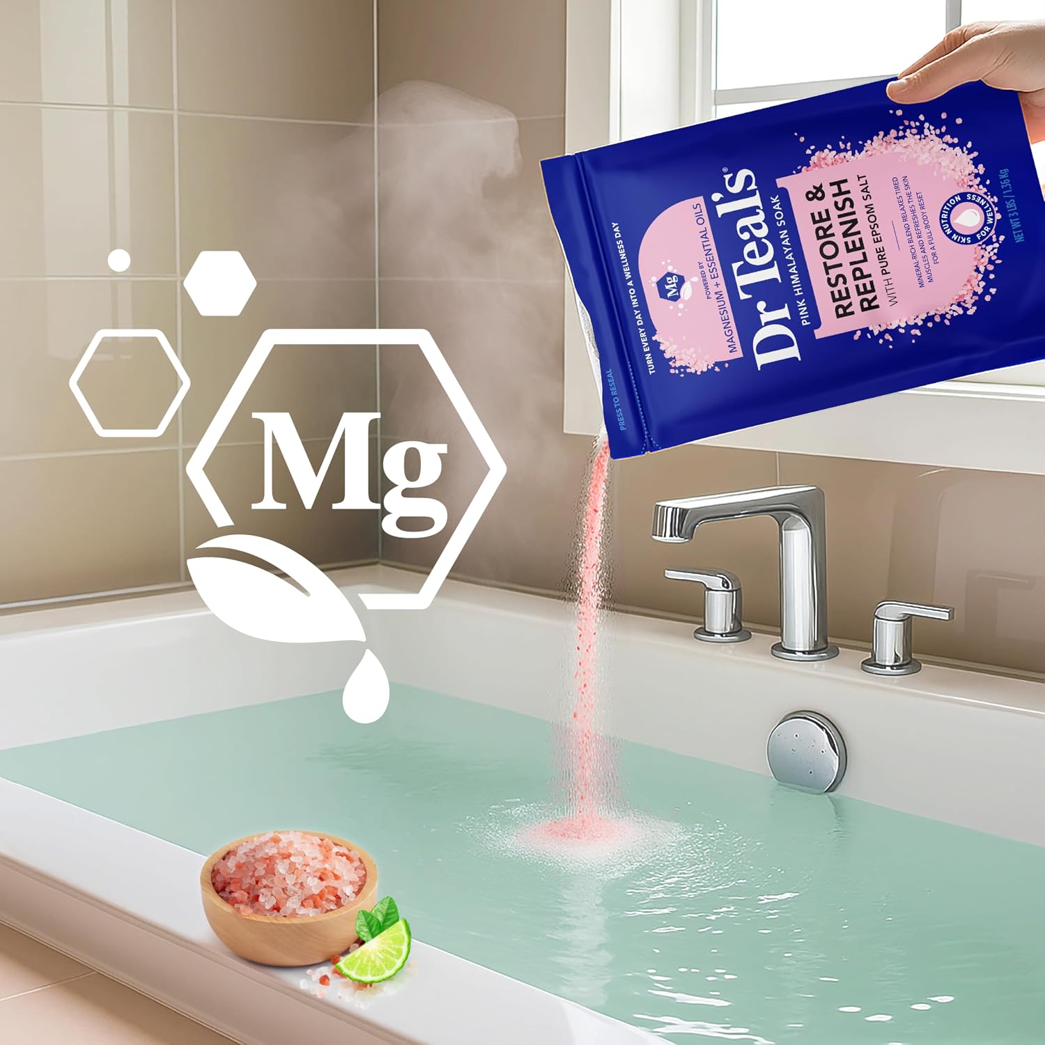 Dr Teal's Epsom Salt Magnesium Soak, Restore & Replenish with Pink Himalayan Salt, 3 lbs - Image 5