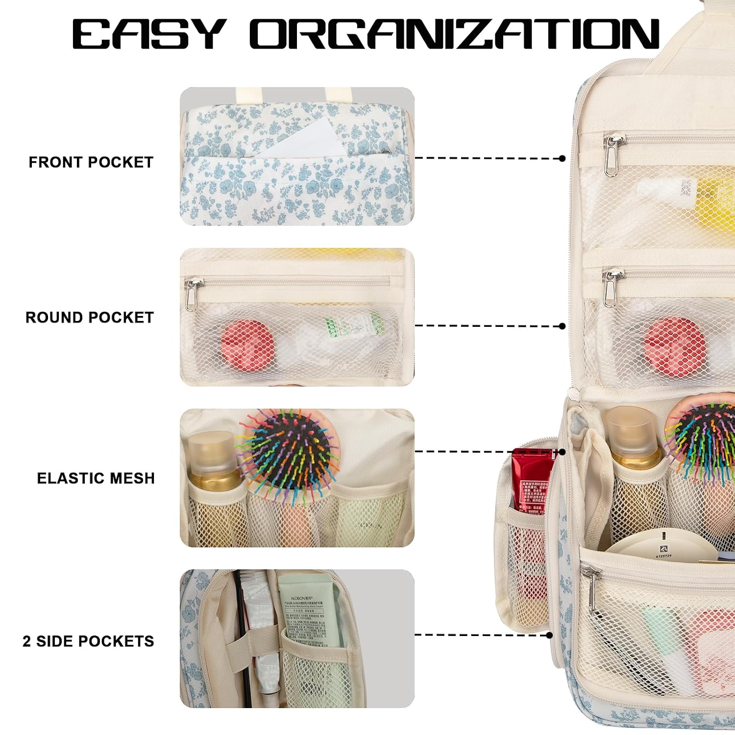 Hanging Toiletry Bag, 10 Compartments Water-Resistant Makeup Bag with 360° Spinning Metal Hook, Large Travel Cosmetic Organizer for Men & Women, Flower (7.05oz) - Image 6