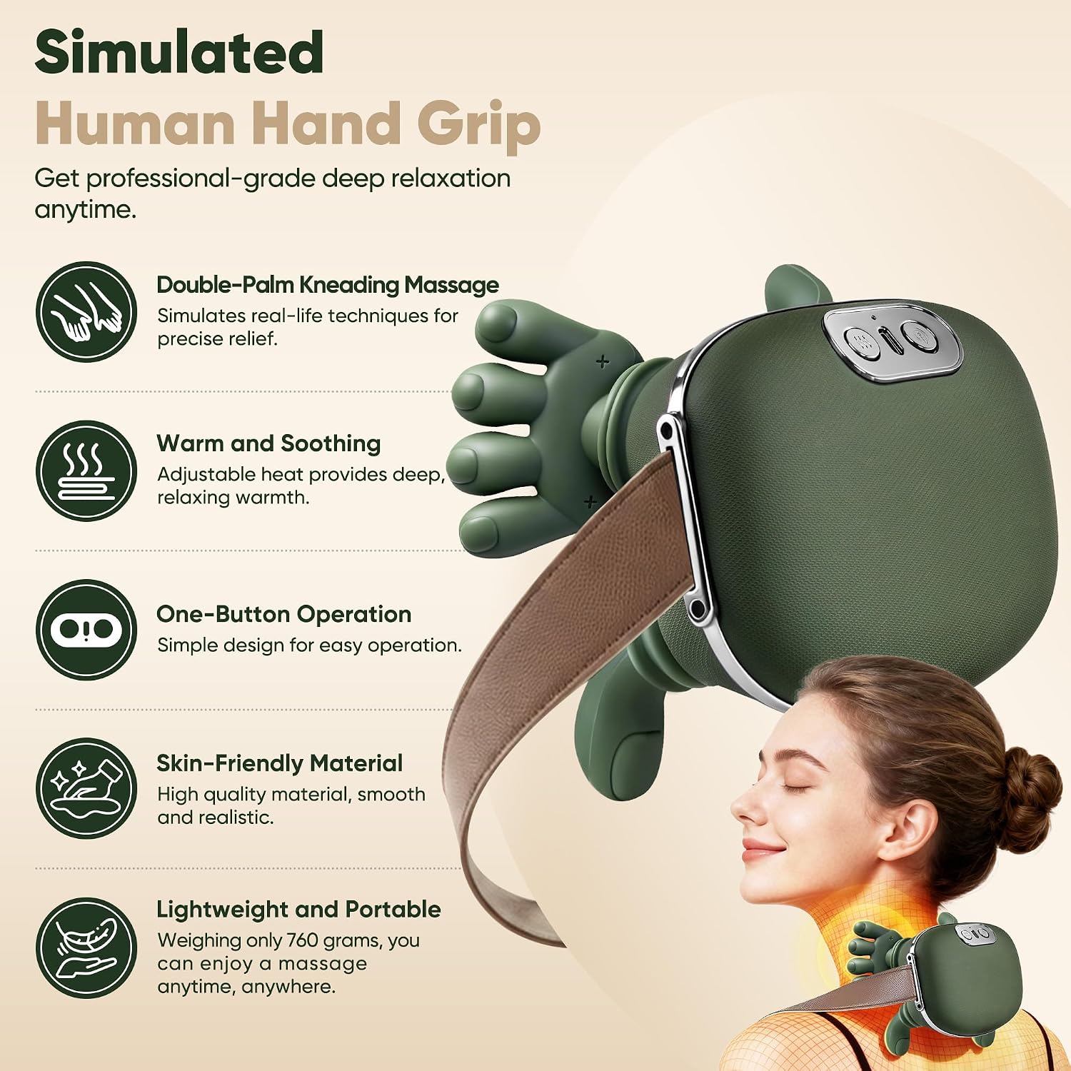 Neck Massager with Heat, Cordless Human-Like Massage, Pain Relief, Green | Neck Massager with 2 Heat Levels and 10-Min Auto Shut-Off, Relax Neck & Shoulders at Home, Office, Breaks or Before Sleep - Image 2