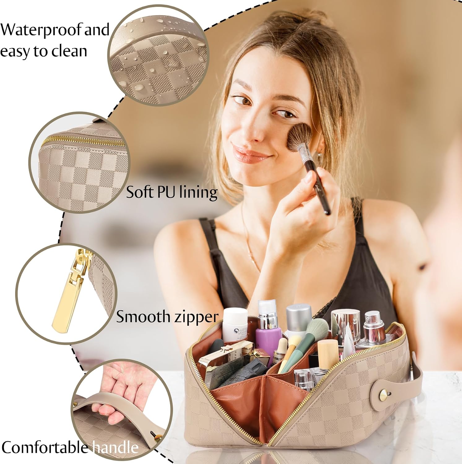 Large Capacity Travel Cosmetic Bag - Open Flat Makeup Bags for Women Waterproof PU Leather Checkered Makeup Organizer Bag,Toiletry Bag for Cosmetics, Portable Make up Bag for Travel Essentials, Khaki - Image 3