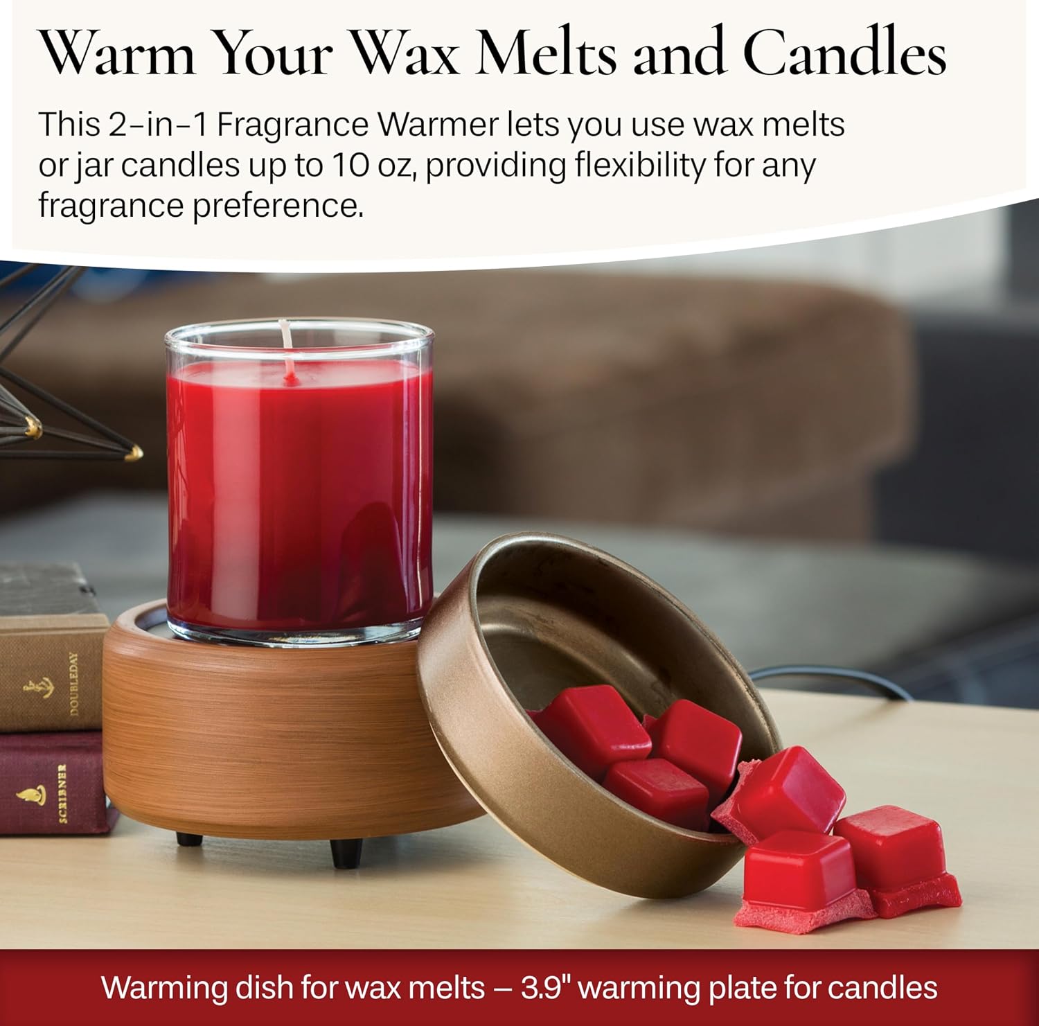 Candle Warmers ETC 2-in-1 Candle and Fragrance Warmer for Warming Scented Candles or Wax Melts and Tarts with to Freshen Room, Pewter Walnut - Image 2