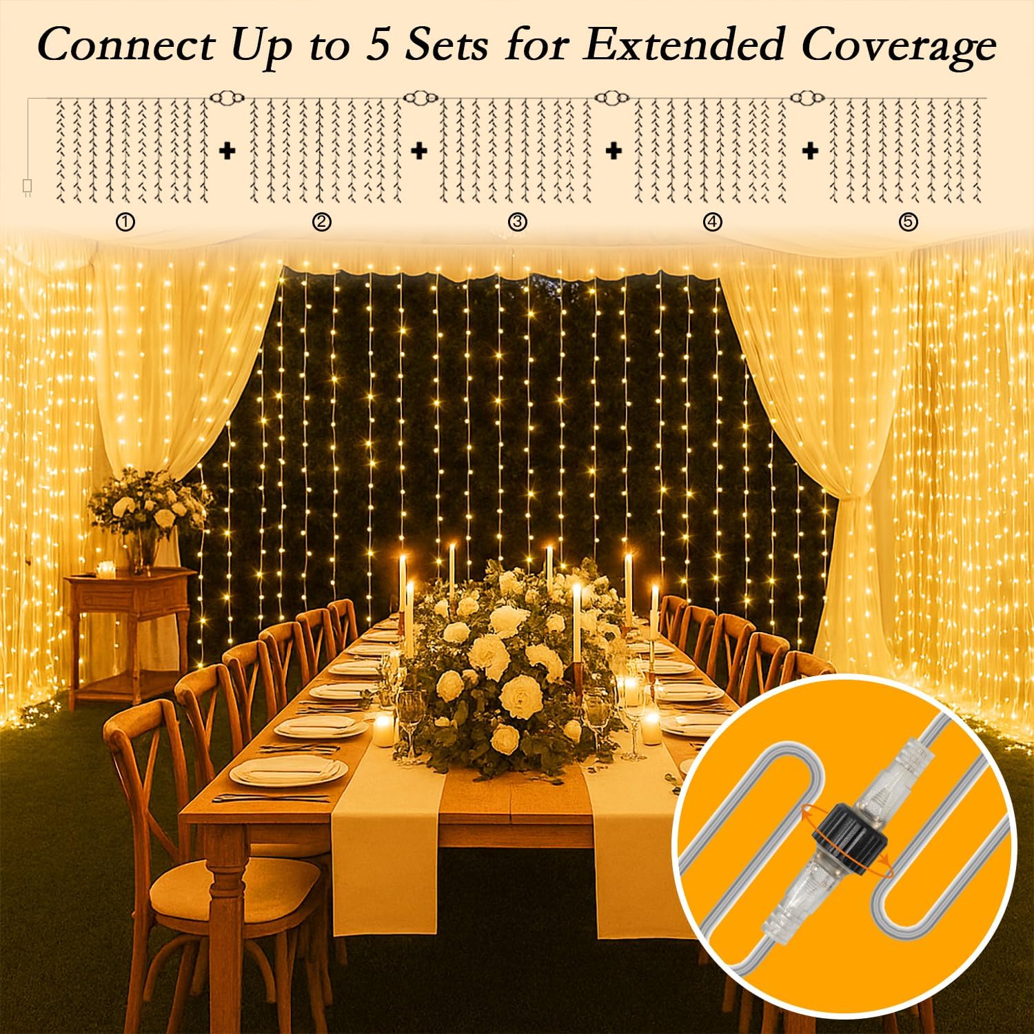 300 LED Warm White Curtain String Lights 9.8x9.8FT, Plug in Fairy Lights with 9 Hooks, Dimmable, Timer & 8 Modes, IP44 Waterproof, Bedroom Wall Wedding Backdrop Christmas Indoor Outdoor Decor - Image 7