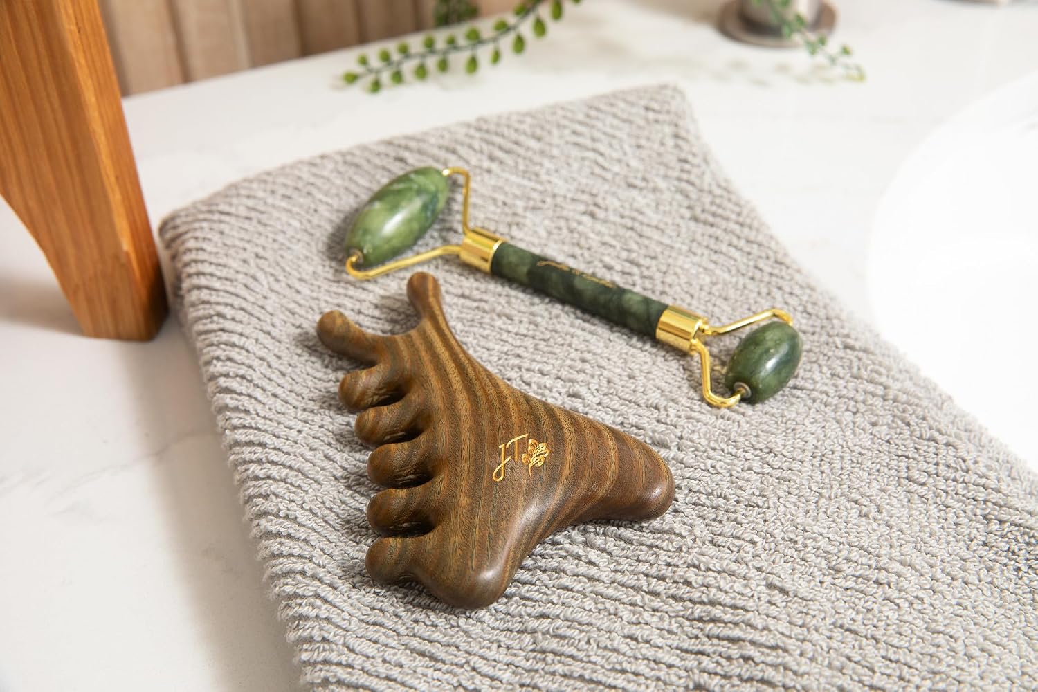 jade & timber Jade Roller & Green Sandalwood Gua Sha Set – Facial & Body Massage Tools for Lymphatic Drainage & Sculpting - Self Care Gift - Image 3