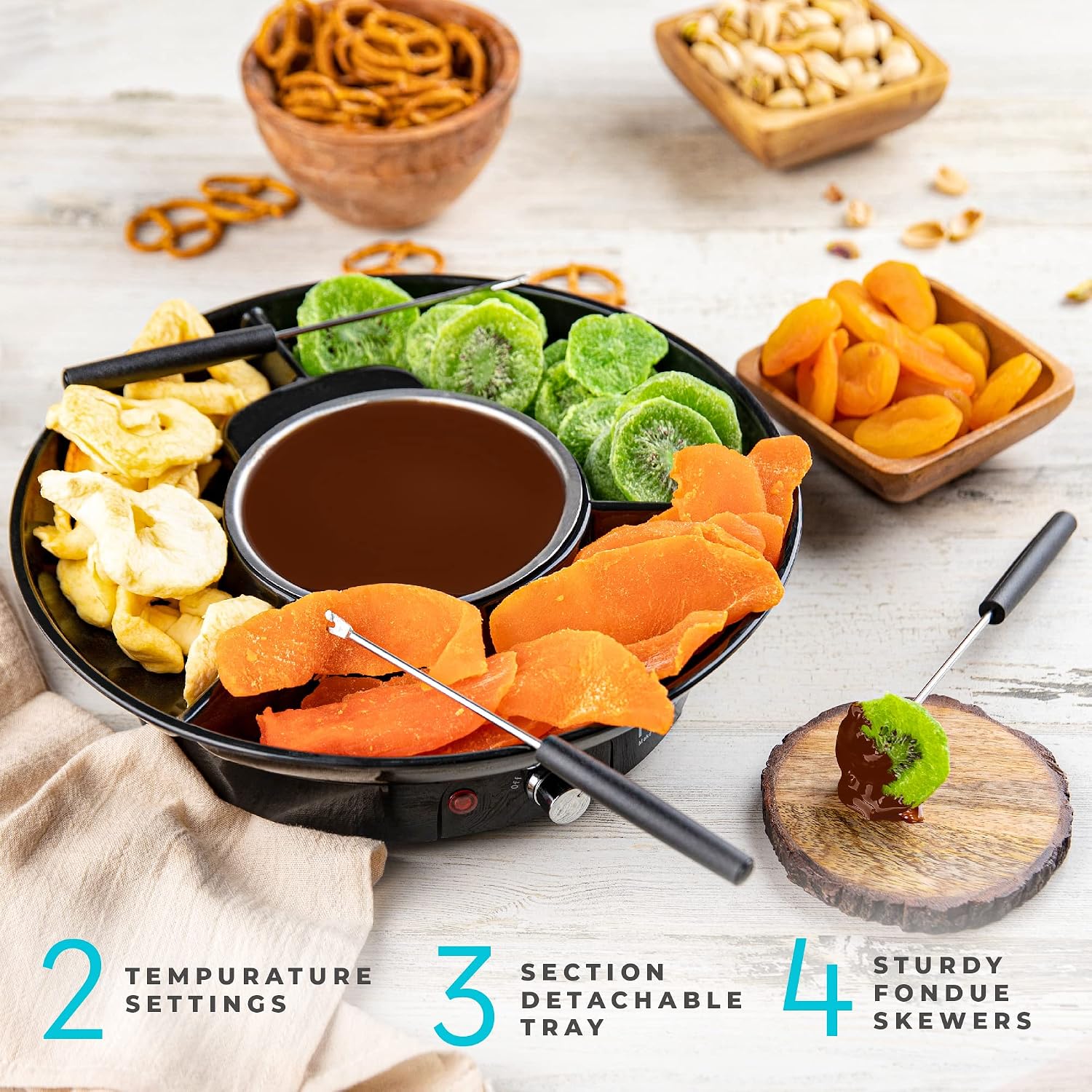 Kusini Electric Fondue Pot Set – Chocolate Fondue Kit - Temperature Control | Detachable Serving Tray, 10oz Melting Pot, 4 Roasting Forks - Gift Set & Date Night Idea. Serve at Movie Night or Game Night. - Image 4