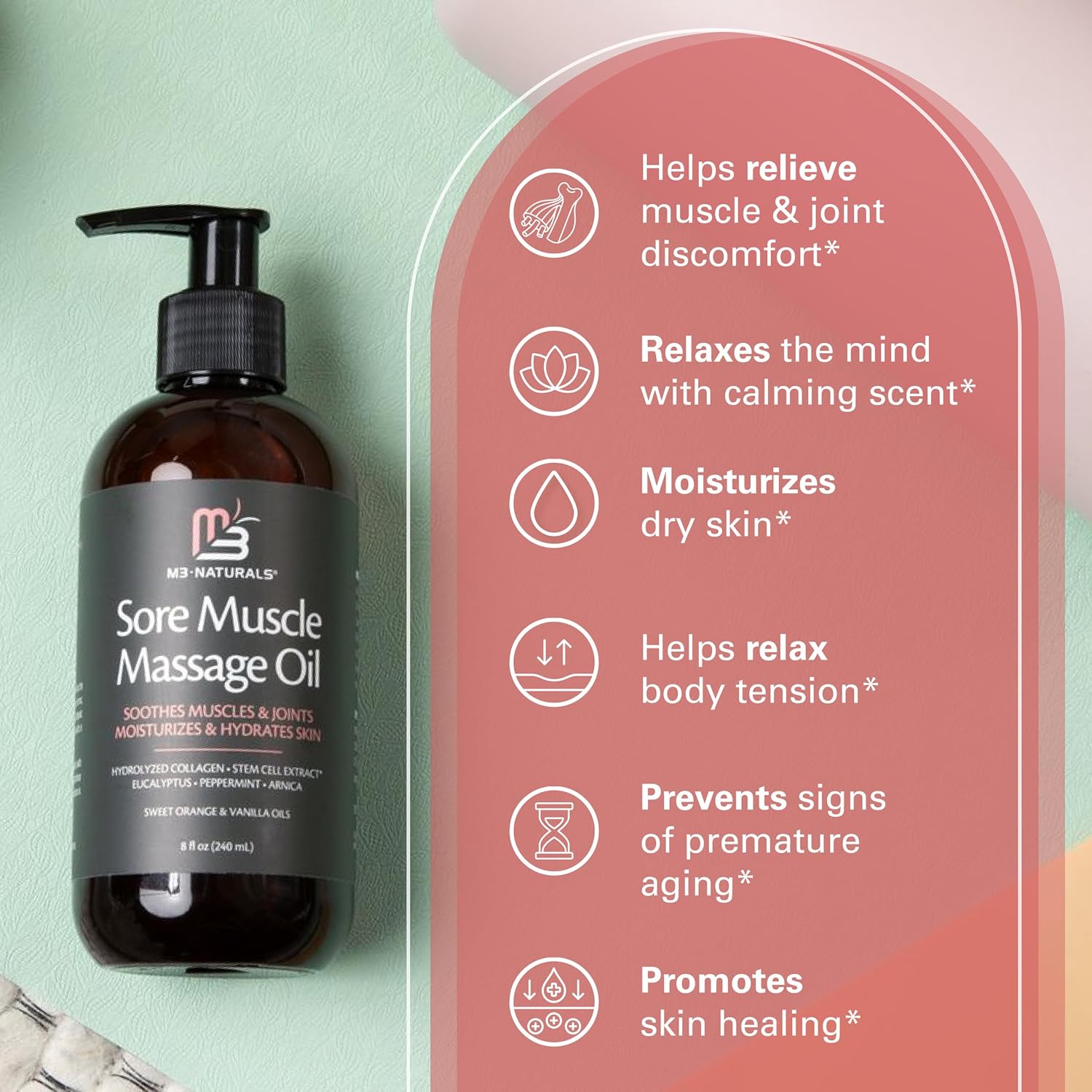 Arnica Massage Oil for Sore Muscles with Collagen, Stem Cells 8 fl oz by M3 | Fast-Absorbing Massage Oil for Full-Body Use, Soothes Muscles & Joints, Moisturizes Skin, Helps Smooth Skin Texture - Image 6