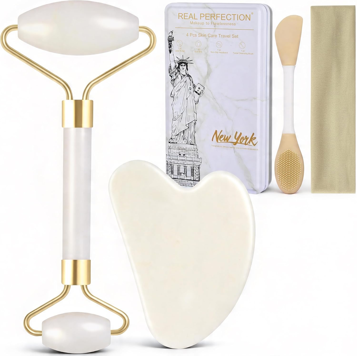 Real Perfection Gua Sha Facial Tools Face Roller for Wrinkles Jade Roller and Gua Sha Set, Scrubber Pore Brush Headband Skin Care Tools for Travel Skincare Routine Massaging Reducing Puffiness - White