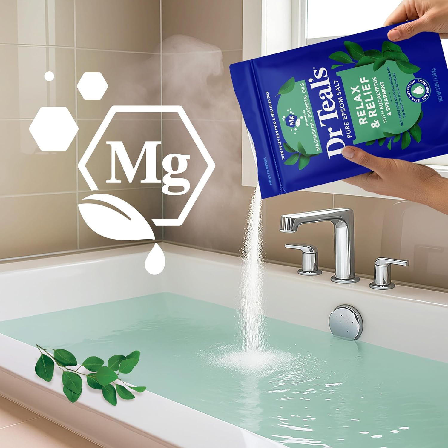 Dr Teal's Epsom Salt Magnesium Soak, Relax & Relief with Eucalyptus & Spearmint Essential Oils, 3 lbs - Image 5