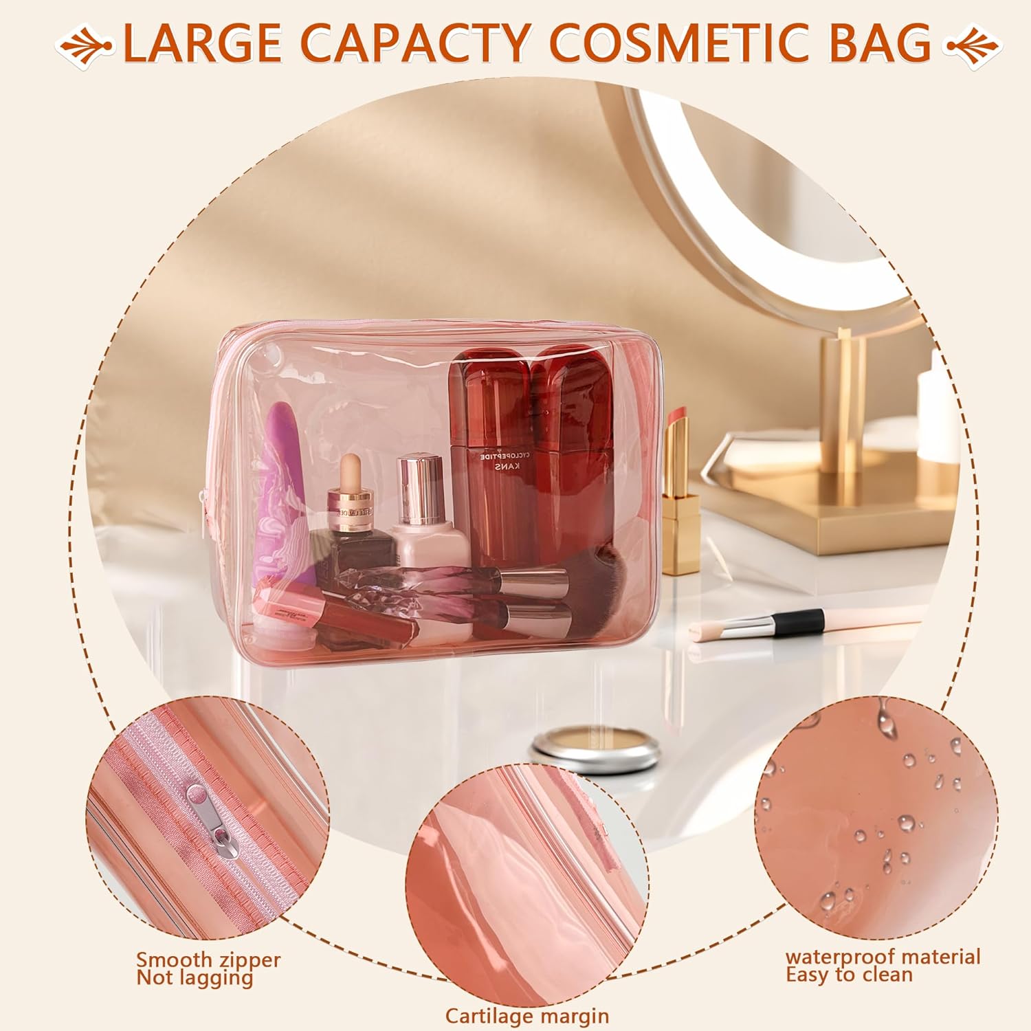 Waterproof PVC Makeup Bag - Leakproof Cosmetic Organizer for Travel Toiletry Storage 9.84×7.09×2.36 Inch for Women & Men (Brown) - Image 3