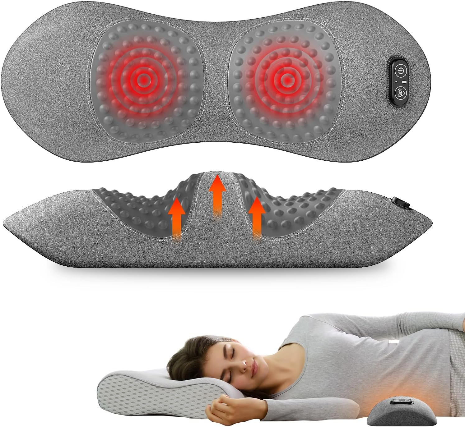 3-in-1 Electric Lumbar Support Pillow for Bed and Chair, Triple Fusion Back Massager with Heated, Vibration and Traction for Lower Back Pain Relief and Spine Support, Gray. | Triple Fusion Back Massager with Heated, Vibration and Traction for Bed and Chair, Gray