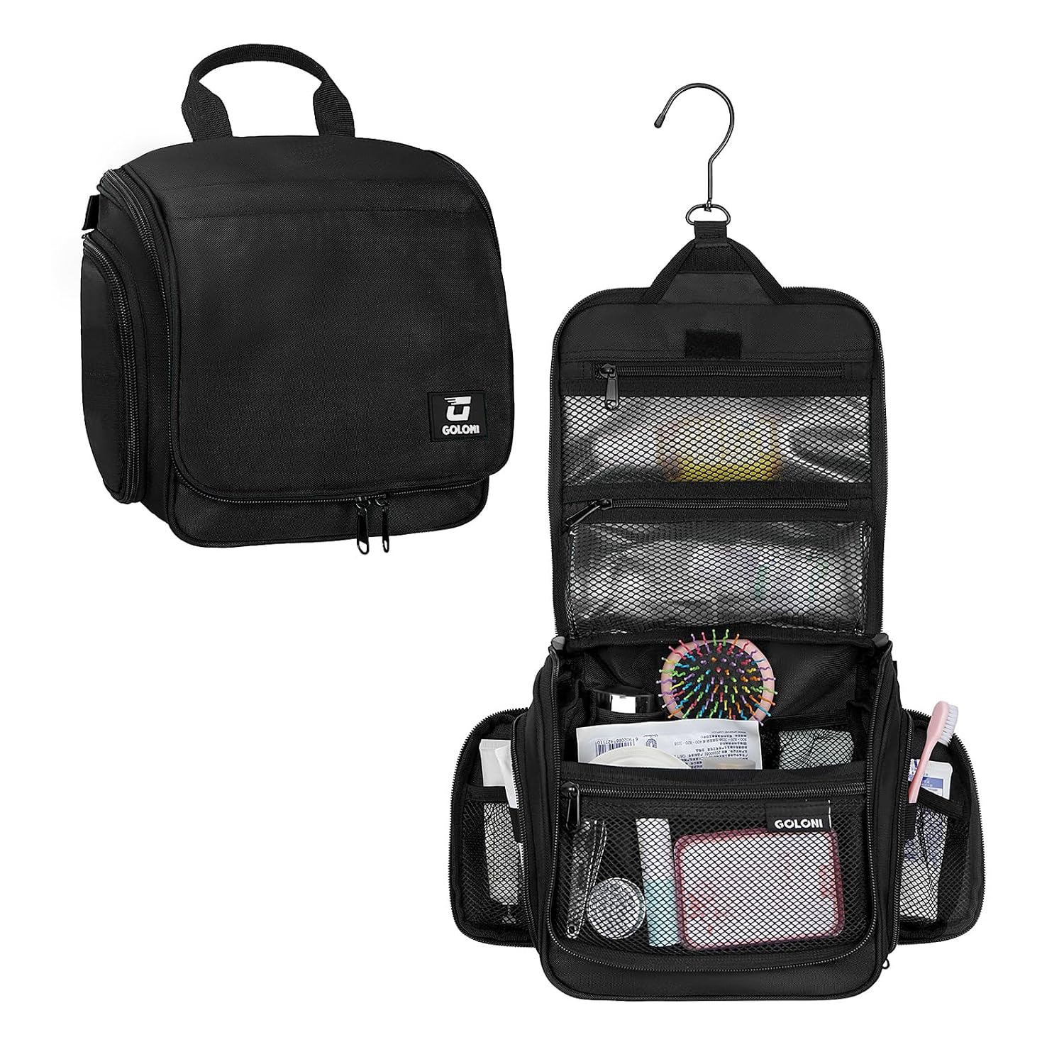 Hanging Toiletry Bag, 10 Compartments Water-Resistant Makeup Bag with 360° Spinning Metal Hook, Large Travel Cosmetic Organizer for Men & Women, Black (7.05oz)