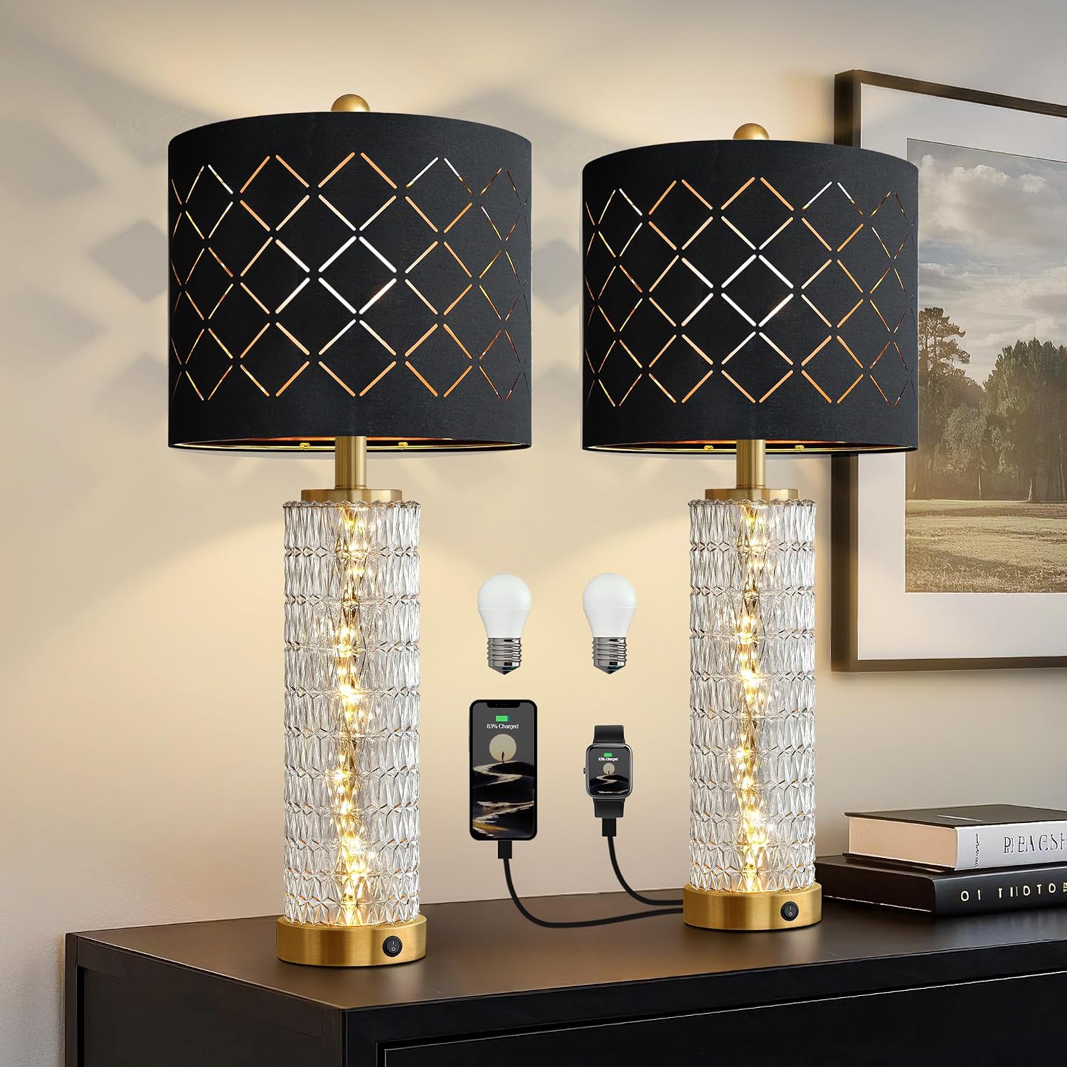 27.75" Modern Table Lamps Set of 2, Gold Bedside Lamp with Crystal Nightlight, USB A+C, Black Grid Shade, Unique Desk Lamps for Living Room, Bedroom, Nightstand, End Table (2 Bulbs Included)