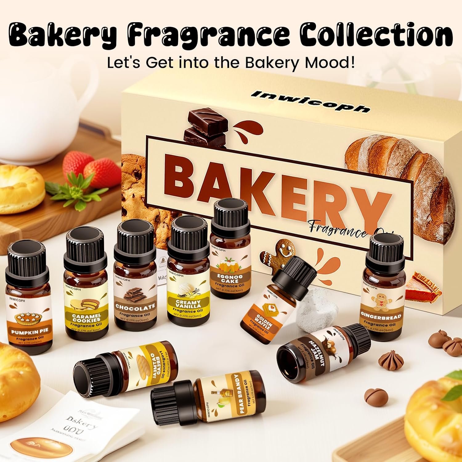 Bakery Essential Oils Set (10 × 5ml), INWICOPH Fragrance Oil for Soap & Candle Making - Pumpkin Pie, Golden Waffle, Hazelnut, Eggnog Cake Aromatherapy Scented Oils - Image 5