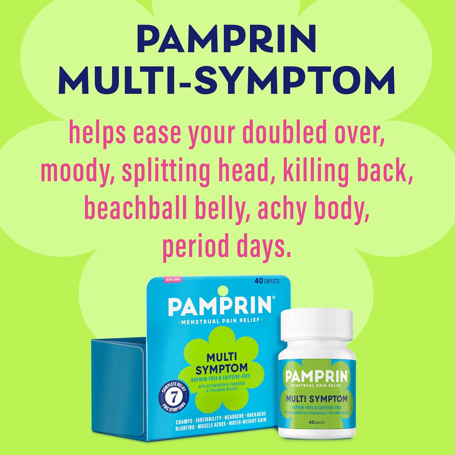 Pamprin Multi-Symptom Formula, with Acetaminophen, Menstrual Period Symptoms Relief including Cramps, Pain, Bloating, and Irritability 40 Caplets - Image 4