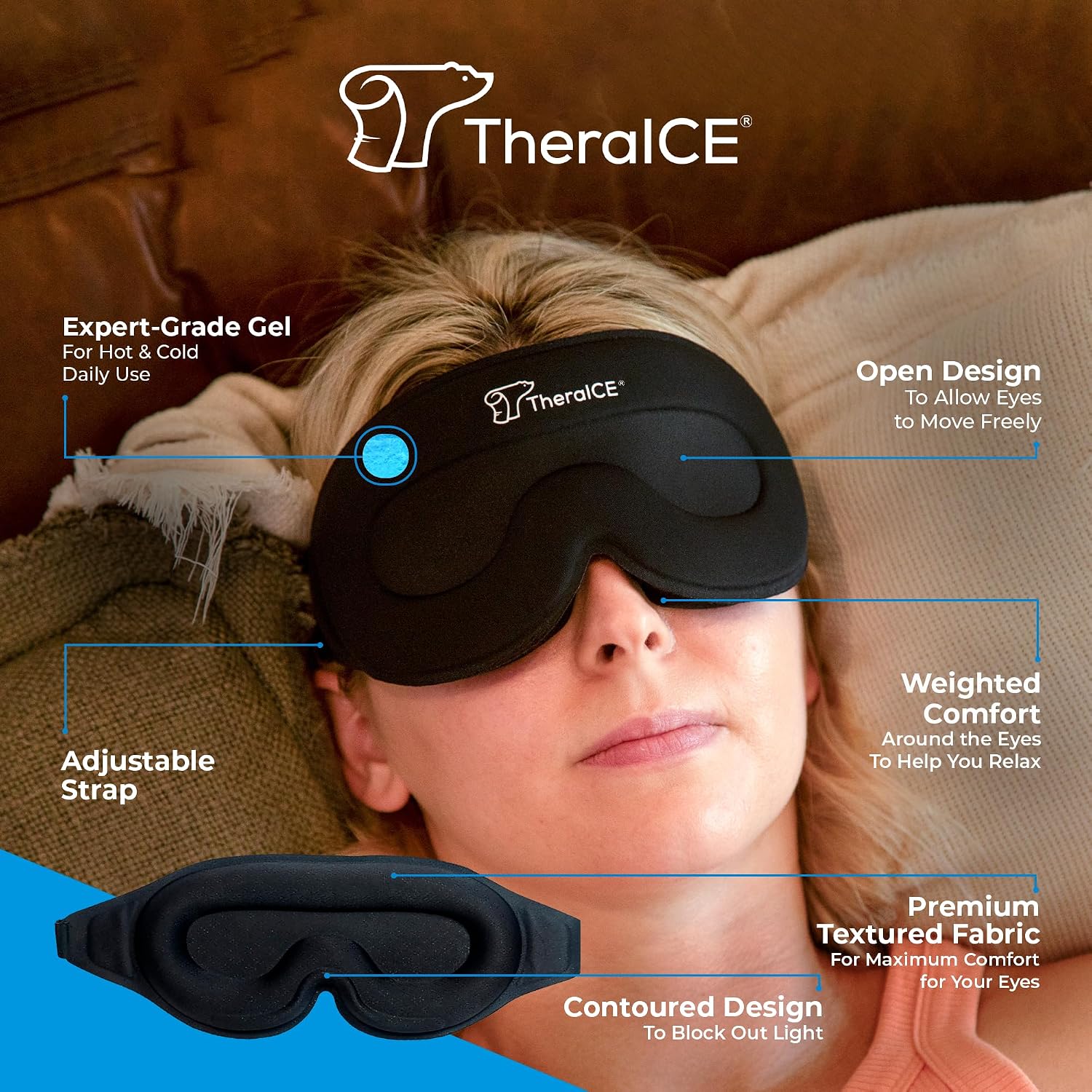 TheraICE Sleep Mask + Cooling Gel Relief - Weighted Sleep Eye Mask 100% Blackout 3D Cold Relaxing No Pressure Eye Cover Blindfold to Block Light for Comfortable Soothing Night Sleeping | Men & Women | Soft Blindfold Cold 3D Contoured No Pressure Eye Cover To Block Light, Comfortable Soothing Night Sleeping , Men & Women - Image 2