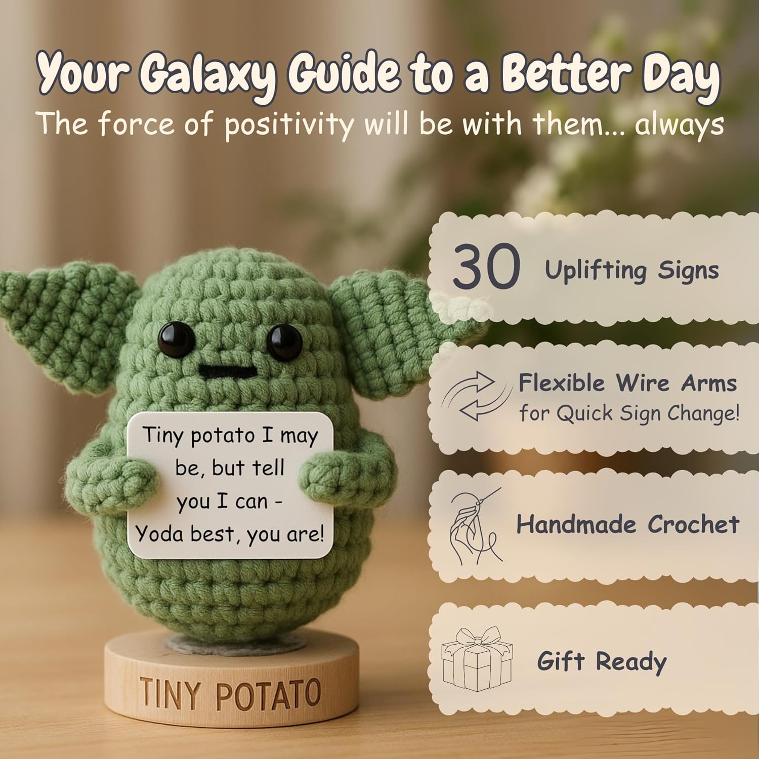 Star Wars Gifts | Handmade Baby Yoda Positive Crochet W/ 30 Fun Affirmations | Gift for Birthday, Emotional Support | Starwars Birthday Decorations for Men, Women | Star Wars Office Desk Decor - Image 2