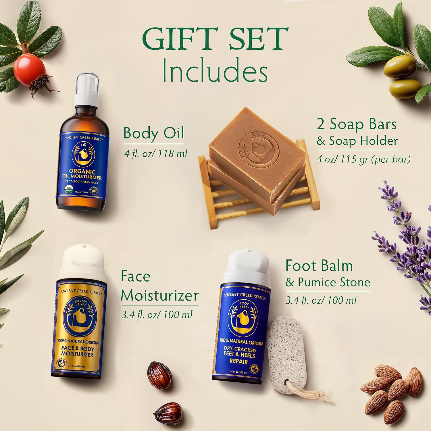 Organic Lavender Scented Skin Care Gift Set for Women, Birthday & Christmas | 7-Piece Luxury Natural Spa Gift Basket - Body Oil, Face Moisturizer, Foot Balm, Pumice Stone, 2 Soap Bars & Soap Holder - Image 3