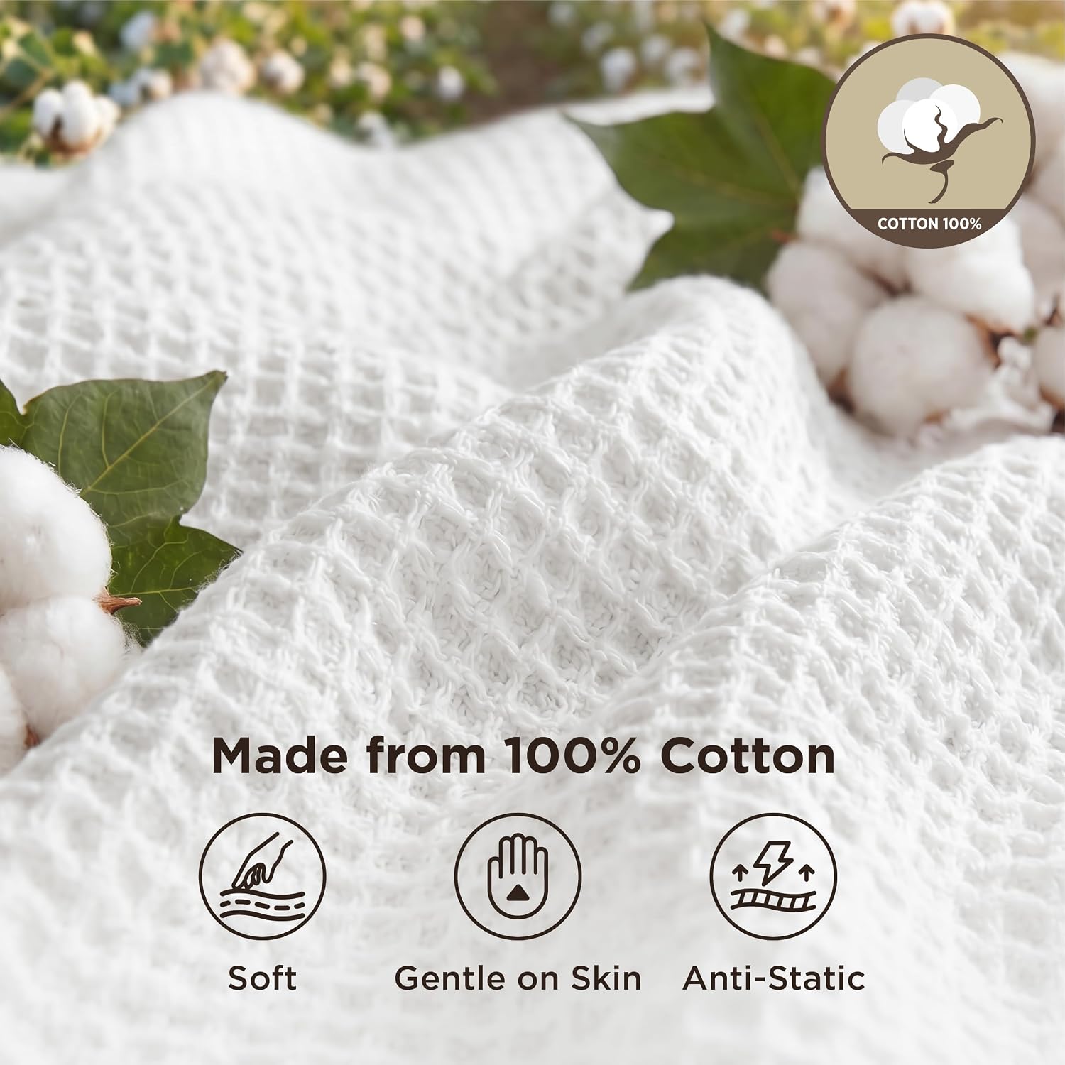 Bedsure 100% Cotton Blanket, Waffle Weave, Queen Size, White, 90"x90" | Breathable, Soft, Cozy, Cooling, Waffle Texture, Fall, Summer Blanket for Bed, Gifts for Women, Machine Washable, All Seasons - Image 2