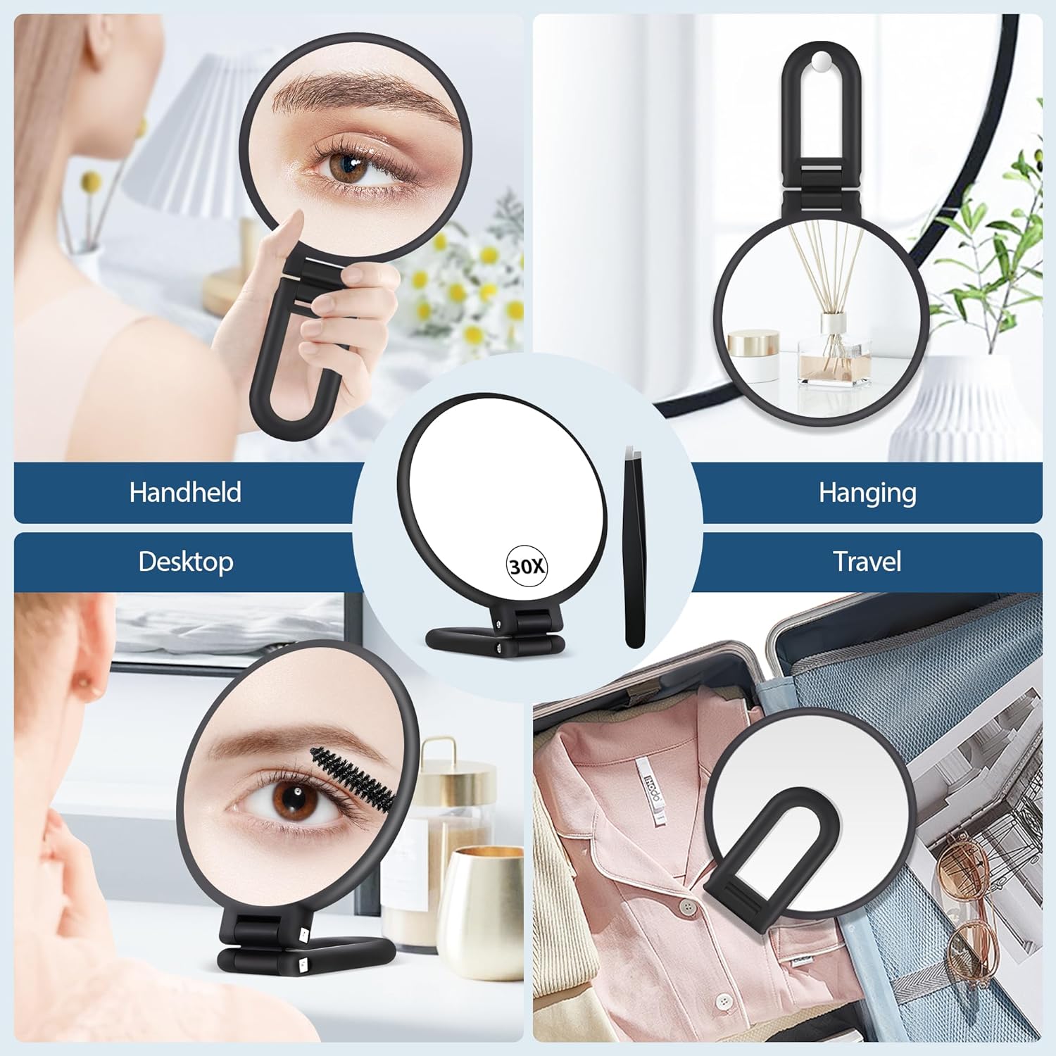 30X Magnifying Mirror, Hand Mirror with Handle, Double Sided Hand Mirror with 30X/1X Magnification, Travel Essential Portable Foldable Makeup Mirror for Precision Makeup Black - Image 5