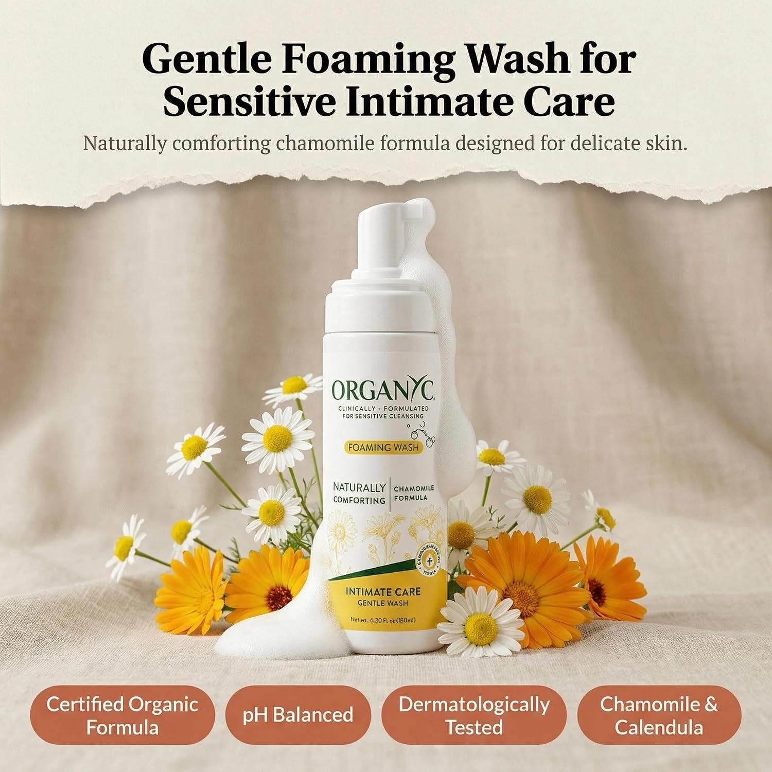 Organyc Intimate Foaming Wash for Women, Sensitive Skin Care, Certified Organic Ingredients, pH Balanced, Chamomile & Calendula, Gentle Daily Cleanser, 6.08 fl oz - Image 3