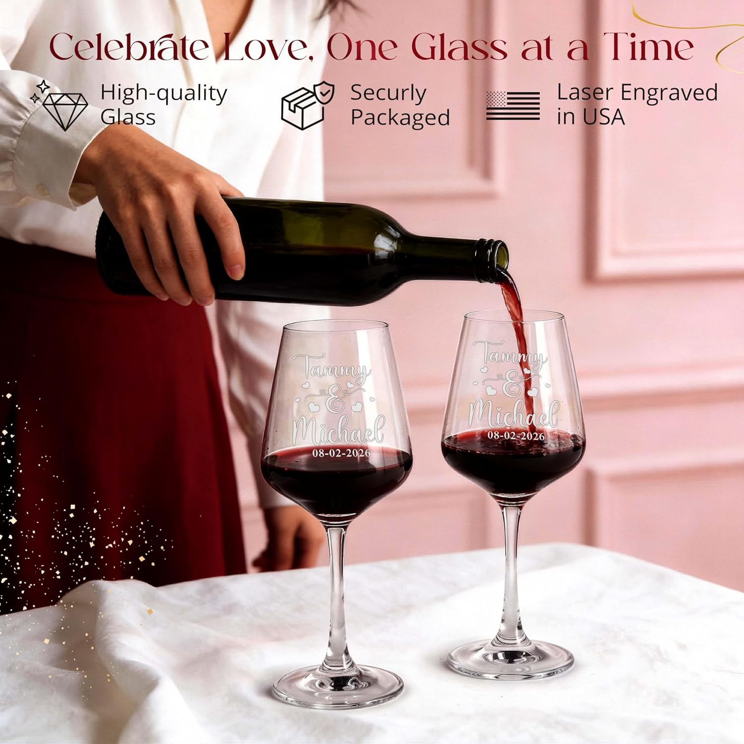Custom Couples Wine Glasses Set Of 2, Engraved Names Date Hearts, Wood Box | Bride And Groom Wine Glasses, Wedding Gift, Anniversary, Engagement Present, Newlywed Couple, His And Hers Set - Image 6