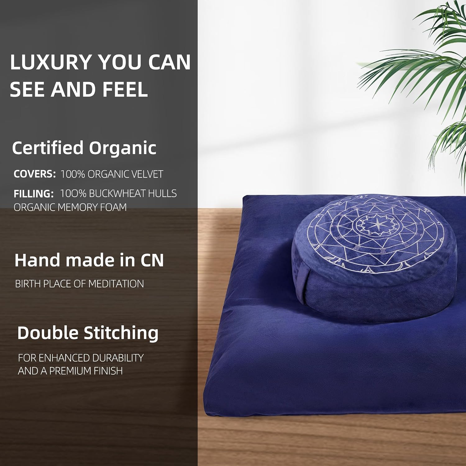 Zafu & Zabuton Meditation Cushion Set - Buckwheat Hull & Memory Foam Pillows, Ergonomic Support for Yoga, Mindfulness - Organic Velvet Cover, Large Size, Durable Comfort (Dark Blue) - Image 5