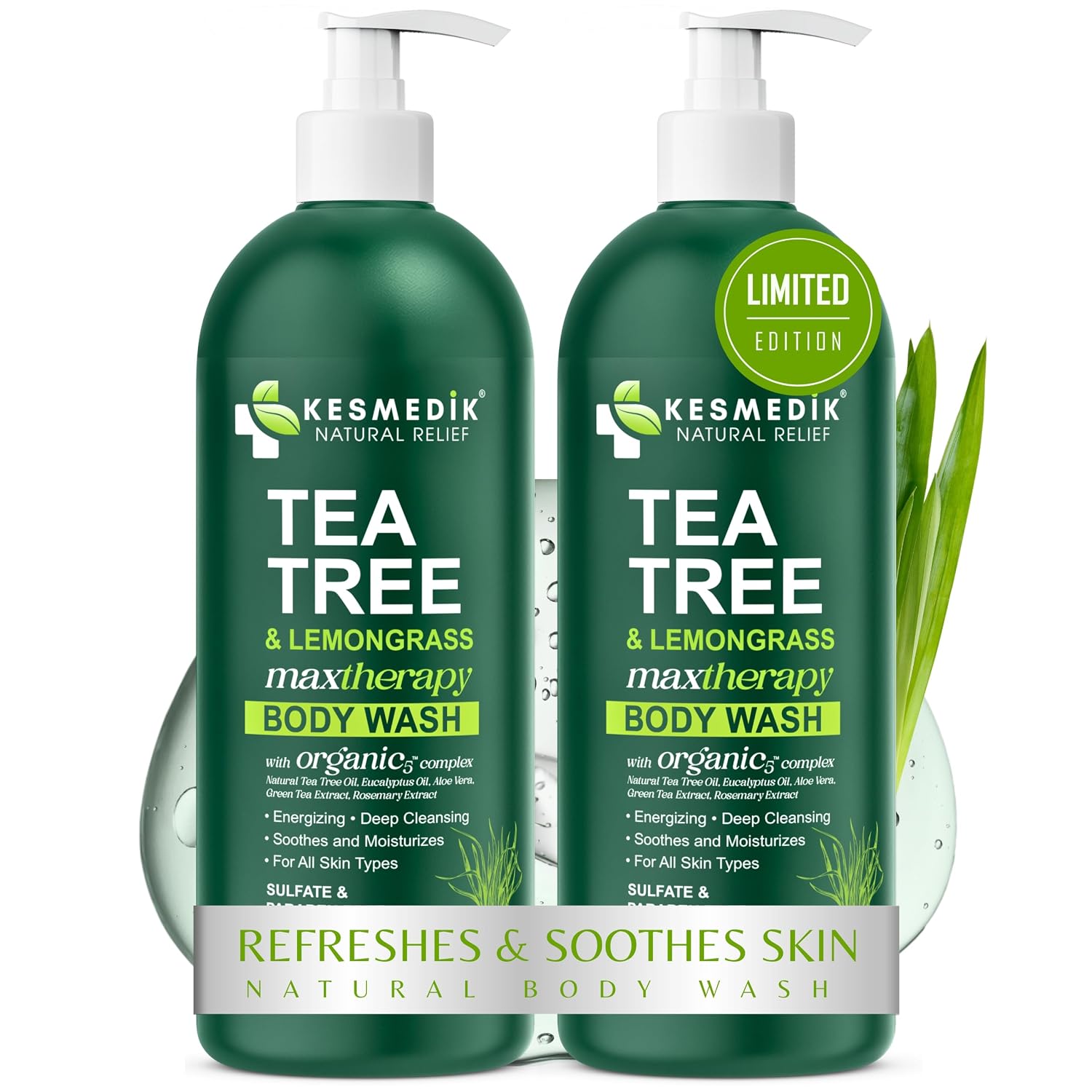 KESMEDIK Tea Tree Lemongrass Body Wash MaxTherapy with 100% Tea Tree Oil for Skin & Fresh Lemongrass | Purifying Body Soap, Soothes & Refreshes Sensitive, Itchy Skin, Men & Women, 16 Fl Oz (Pack of 2)