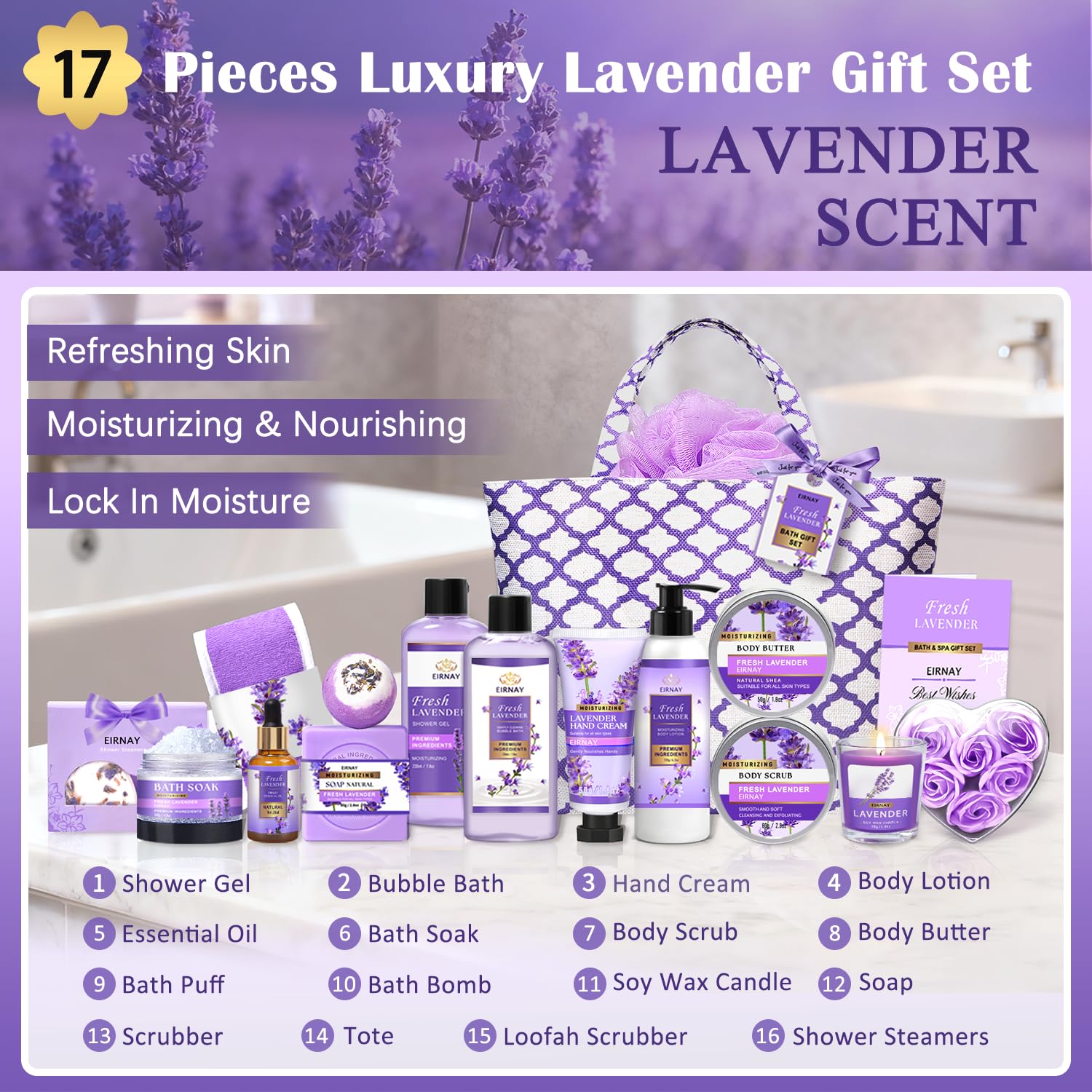 Gift for Women, Spa Gift Baskets for Women - 17pcs Lavender Sets with Body Lotion, Bubble Bath, Relaxing Bath Sets, Birthday Christmas Gifts for Her, Spa Kit for Mom Wife Sister Friend - Image 2