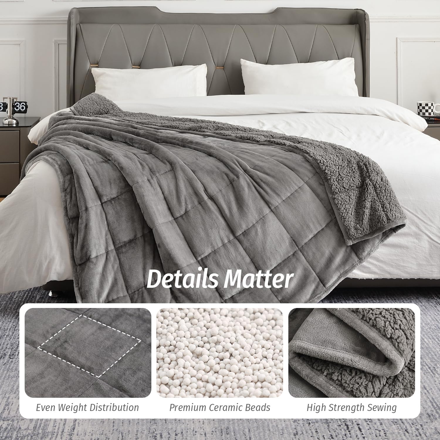 Sherpa Fleece Weighted Blanket for Adult 15 lbs Twin 48"x72" Grey | Better Sleep, Relax Body & Mind, Dual Sided Soft Fuzzy Heavy Throw Blankets, Plush Flannel Top, Chunky Fluffy, Warm Hug - Image 5