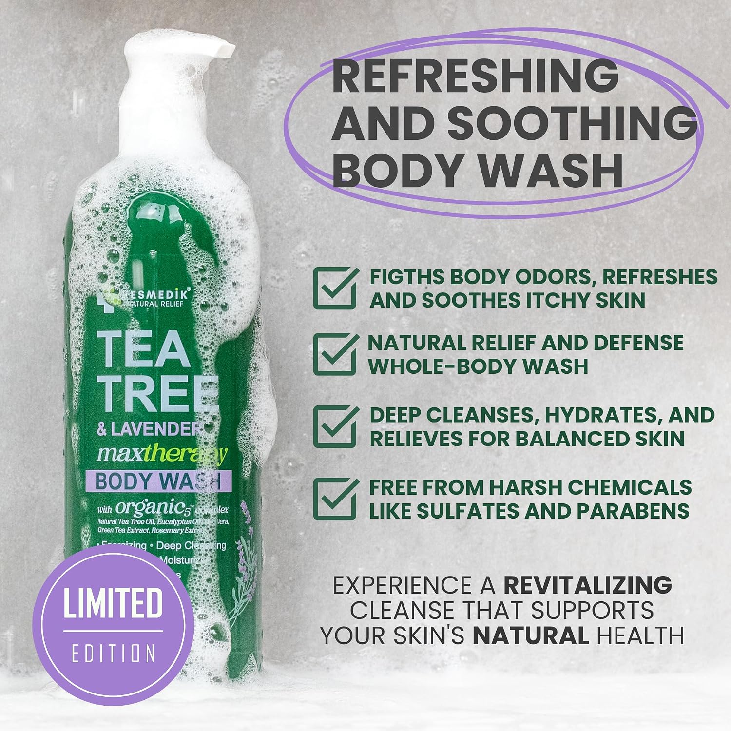 KESMEDIK Tea Tree Lavender Body Wash MaxTherapy with 100% Tea Tree Oil for Skin & Calming Lavender | Purifying Body Soap, Soothes & Refreshes Sensitive, Itchy Skin, Men & Women, 16 Fl Oz (Pack of 2) - Image 4