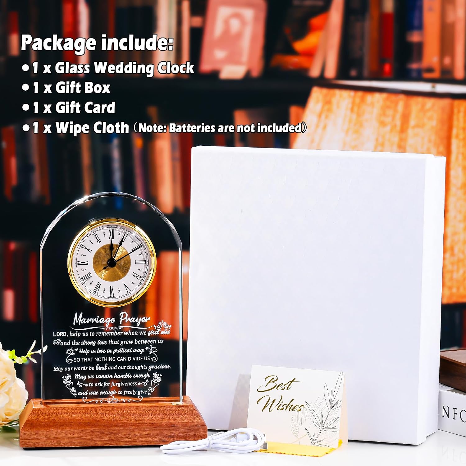 Arikyrist Glass Clock Wedding Gifts for Couples 2026 Newlyweds Gift Idea | Happy Anniversary, Marriage Prayer with Inspiring Quotes, Unique Mr and Mrs Engagement Presents, with Wooden Light Base - Image 7