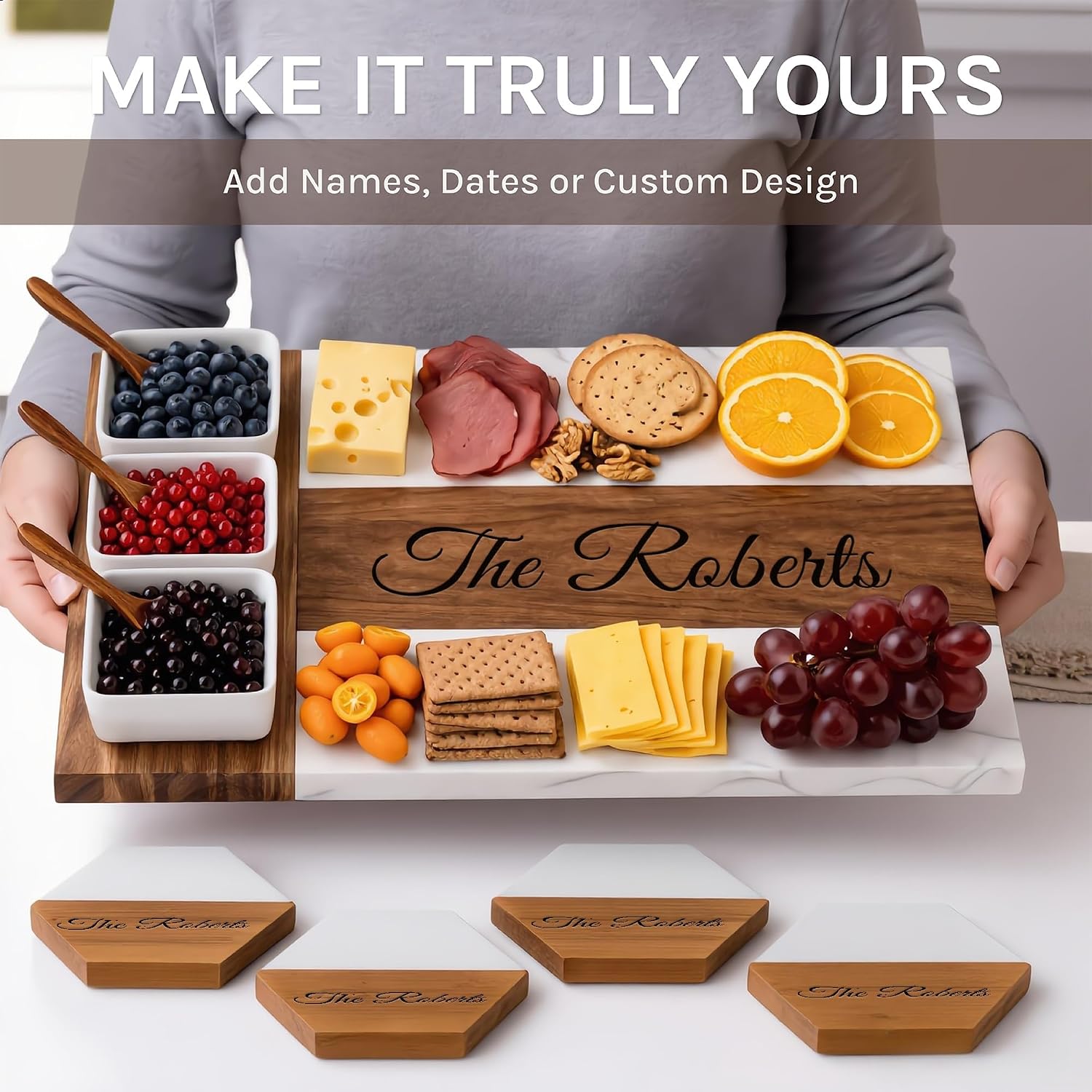 Personalized Charcuterie Board Set - Custom Engraved Wooden Marble Cheese Board with Knife Set - Best Wedding Gift for Couples, Bridal Shower, Engagement, Anniversary, Housewarming & Gift for Parents - Image 7