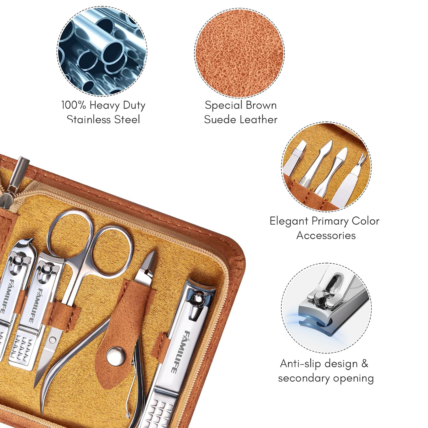 Manicure Set, Nail Professional Kit Manicure Kits Nail Clipper Sets, 13PCS Stainless Steel Pedicure Sets Mens Grooming Tool, with Brown Leather Travel Case for Men - Image 3