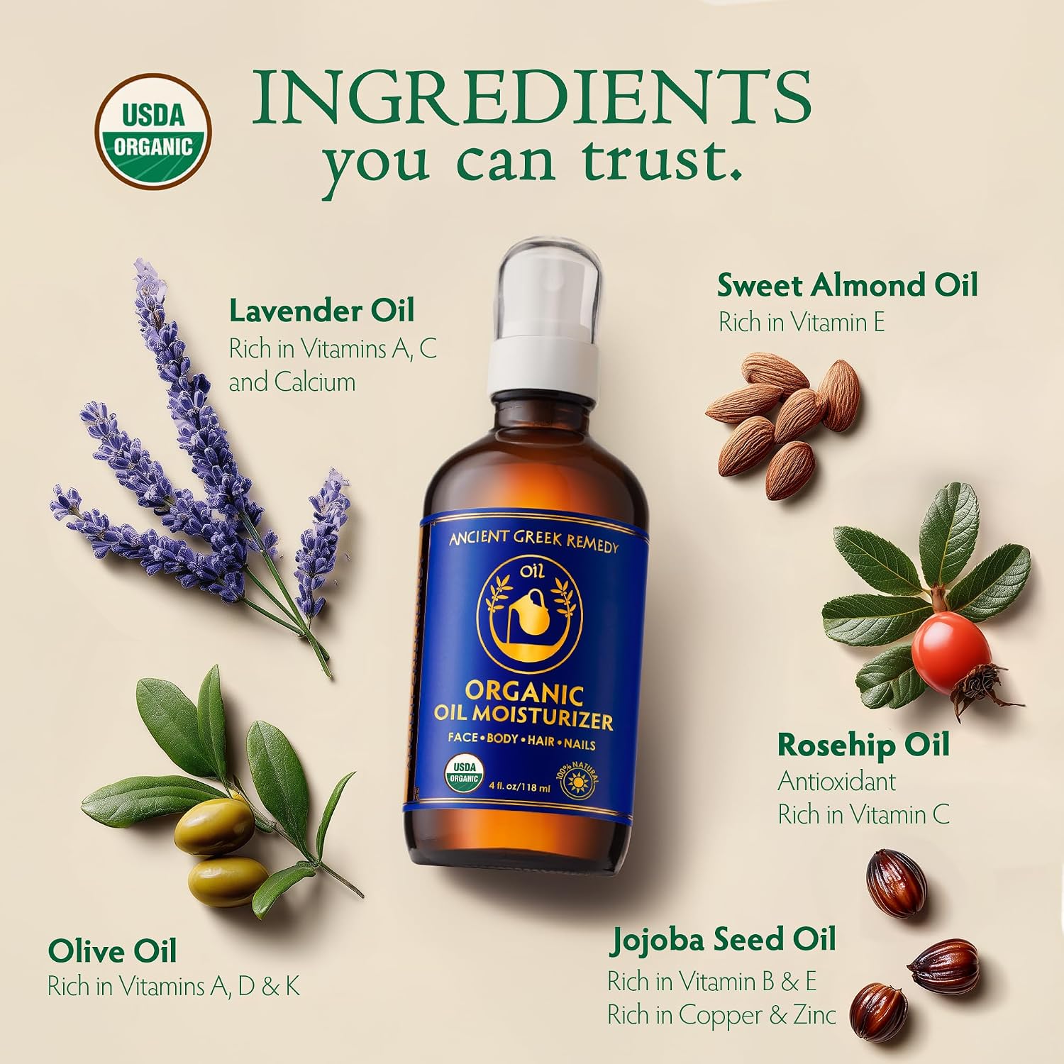 Organic Body & Face Oil for Dry Skin, Hydrating After Shower Moisturizer | Lightweight Nourishing Facial & Body Oil, Natural Cold-Pressed Almond, Olive, Jojoba, Rosehip & Lavender Oils, Vitamin E - Image 5