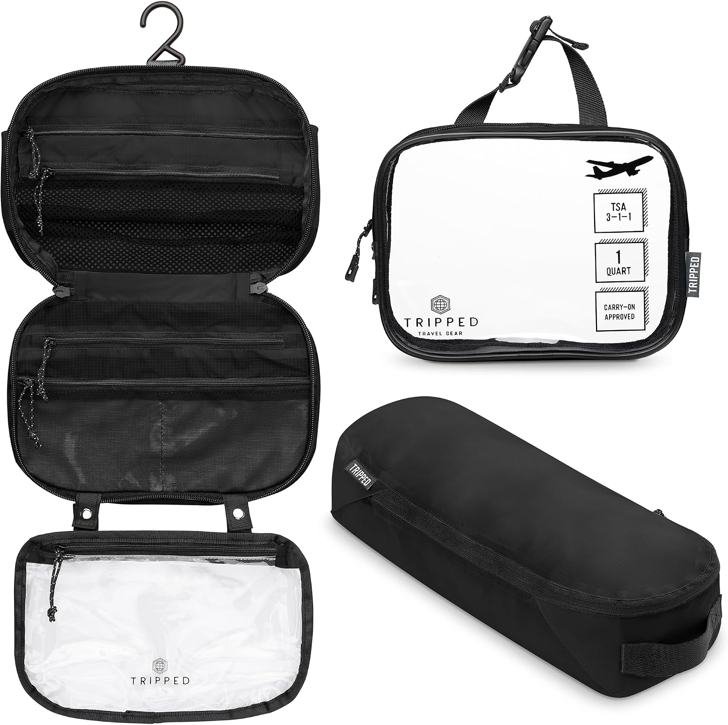 TRIPPED Travel Gear 3-Piece Travel Toiletry Bag Set | Includes Hanging Toiletry Bag, 311 TSA Liquid Bag, and Accessory Organizer Pouch with Lightweight Ripstop Construction