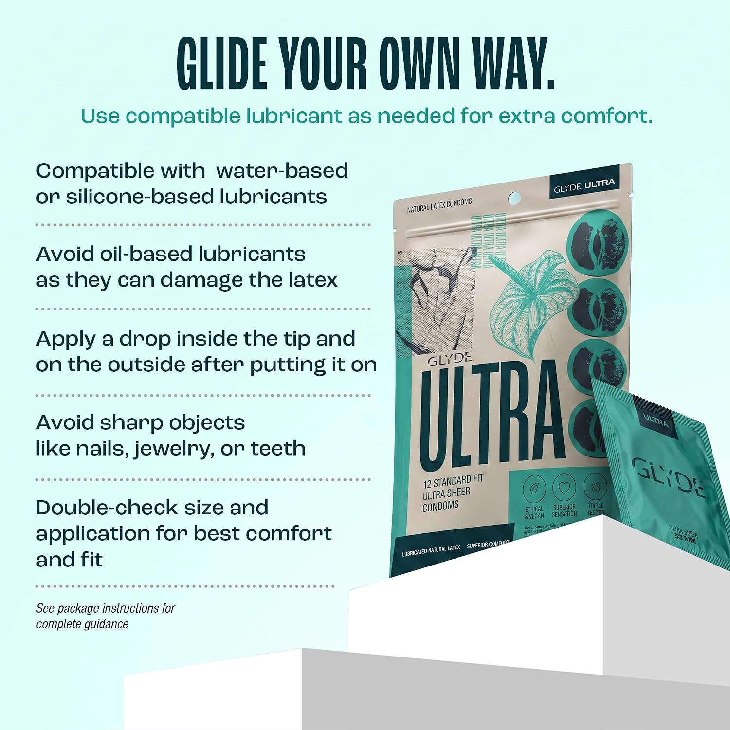 GLYDE Ultra Standard Fit Condoms - Ultra-Thin Medium Size - 12 Count, 53mm | Fragrance-Free, Lightly Lubricated, Body-Friendly, Vegan Formula Condoms, Strong and Secure Fit for Comfort and Natural Feel - Image 5