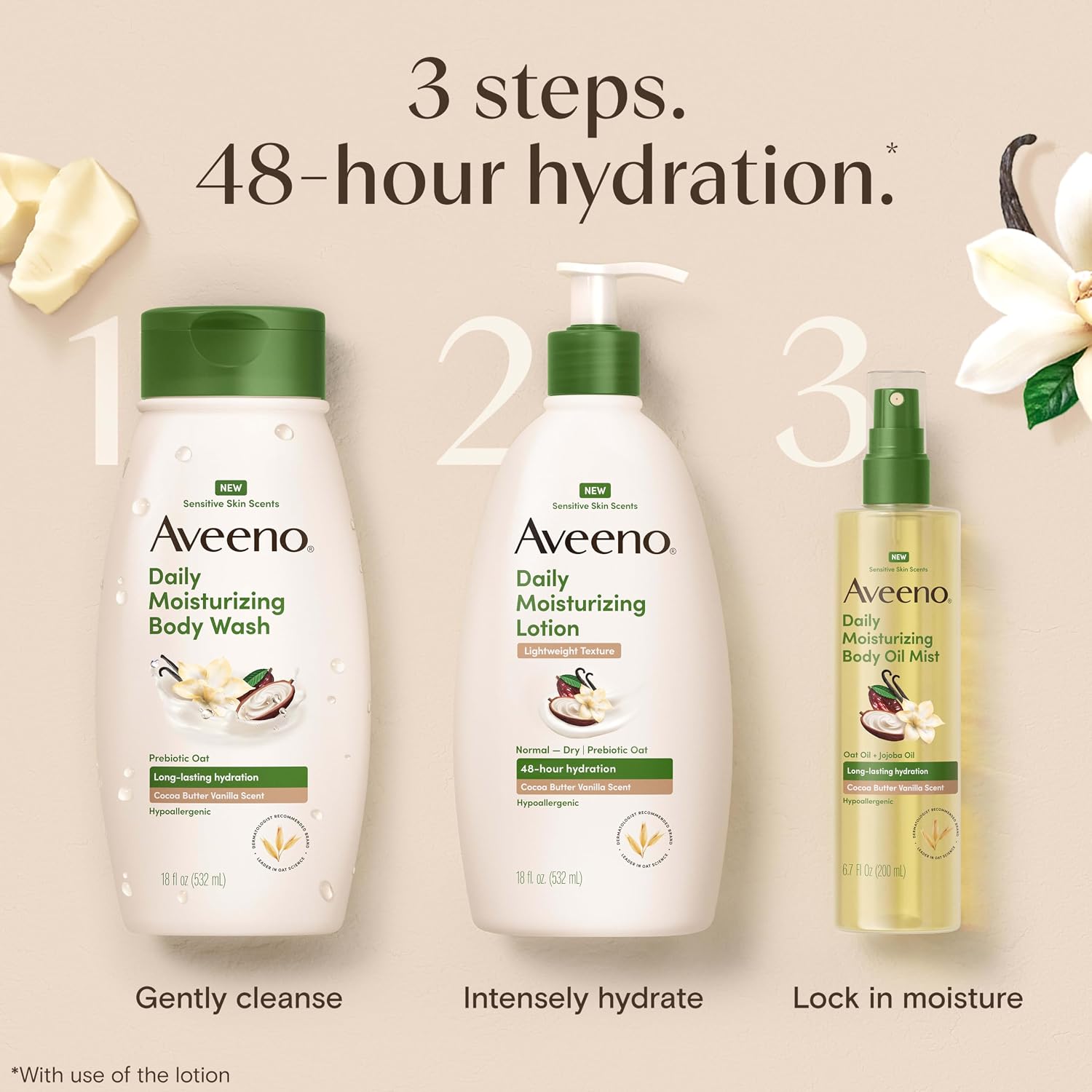 Aveeno Daily Moisturizing Body Wash, Cocoa Butter Vanilla, 18 fl. oz | Cocoa Butter Vanilla Scent, Soothing Prebiotic Oat, Long-Lasting Hydration for Sensitive Skin, Hypoallergenic, Paraben-Free - Image 7