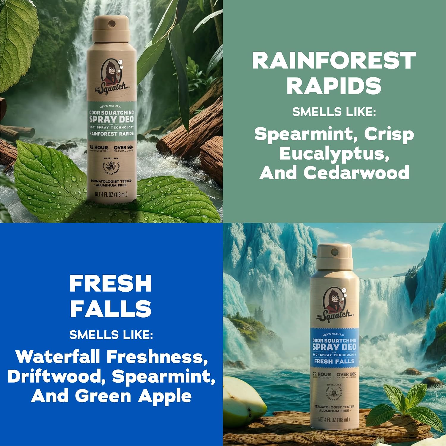 Dr. Squatch Spray Natural Men’s Deodorant – Quick Dry Deodorant Men, Aluminum Free, Dermatologist-Tested – Created for all Skin Types – Fresh Falls + Rainforest Rapids, 4oz (2-Pack) - Image 2