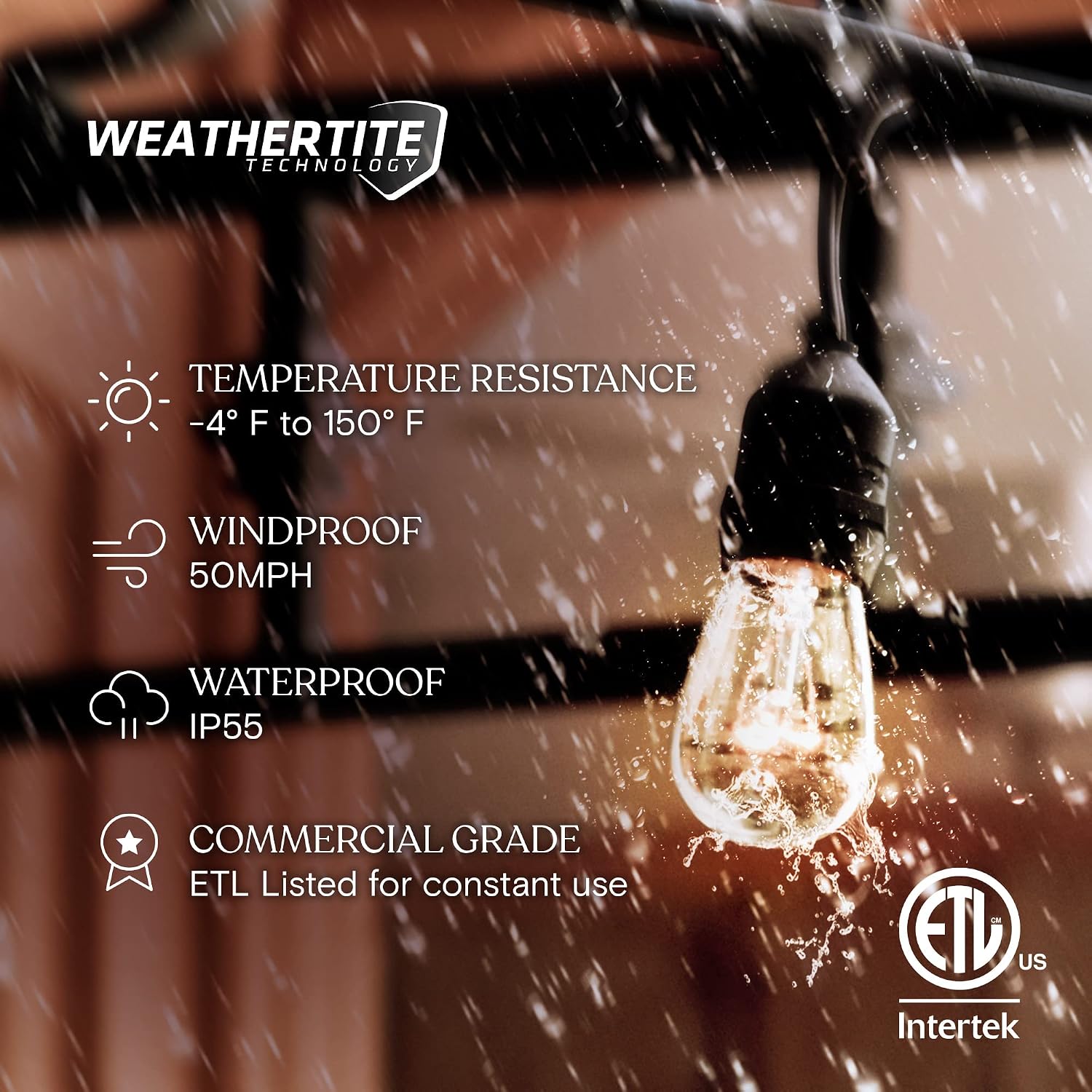 Brightech Ambience Pro Incandescent Outdoor String Lights - Commercial Grade Waterproof Patio Lights with 48 Ft Dimmable Edison Bulbs, Porch String Lights for Patio, Backyard - 15 Bulbs 11W - Image 2