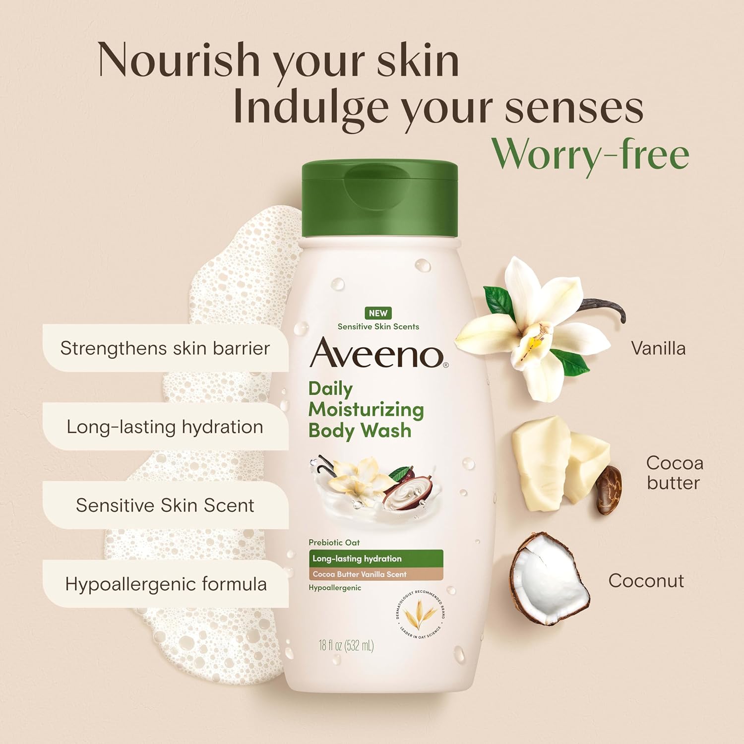 Aveeno Daily Moisturizing Body Wash, Cocoa Butter Vanilla, 18 fl. oz | Cocoa Butter Vanilla Scent, Soothing Prebiotic Oat, Long-Lasting Hydration for Sensitive Skin, Hypoallergenic, Paraben-Free - Image 3