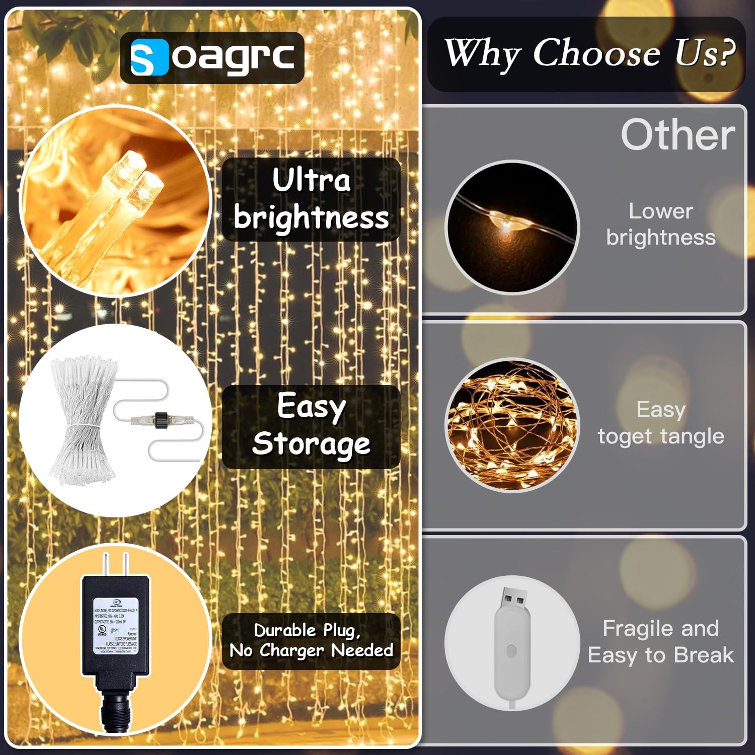 300 LED Warm White Curtain String Lights 9.8x9.8FT, Plug in Fairy Lights with 9 Hooks, Dimmable, Timer & 8 Modes, IP44 Waterproof, Bedroom Wall Wedding Backdrop Christmas Indoor Outdoor Decor - Image 2