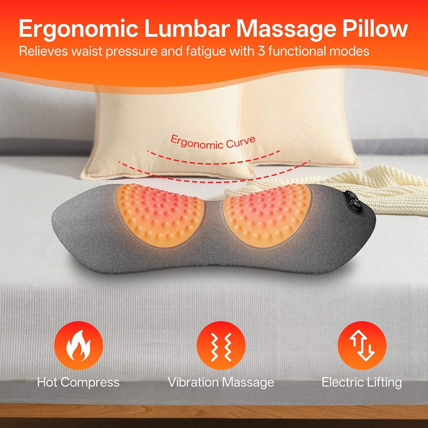 3-in-1 Electric Lumbar Support Pillow for Bed and Chair, Triple Fusion Back Massager with Heated, Vibration and Traction for Lower Back Pain Relief and Spine Support, Gray. | Triple Fusion Back Massager with Heated, Vibration and Traction for Bed and Chair, Gray - Image 2