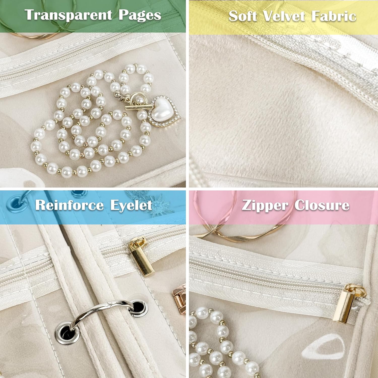 Travel Jewelry Organizer Case,Jewelry Bags for Traveling, Jewelry Binder with 24 Pcs Clear Zipper Velvet Pouches for Storing Earrings, Rings, Necklace, Bracelet, Watch (Beige) - Image 4