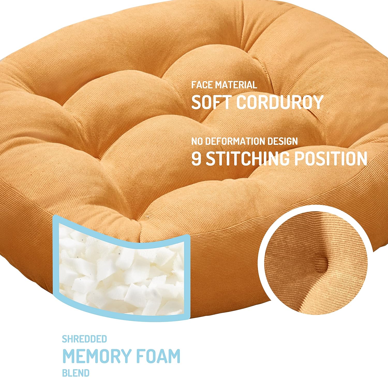 Meditation Cushions Set of 2, Large Floor Pillow for Adults, 22inch Round | Floor Cushion For Reading & Zen, 3.5" Thick Supportive Shredded Memory Foam, Breathable Corduroy, Soft Yoga Seat, Yellow - Image 2
