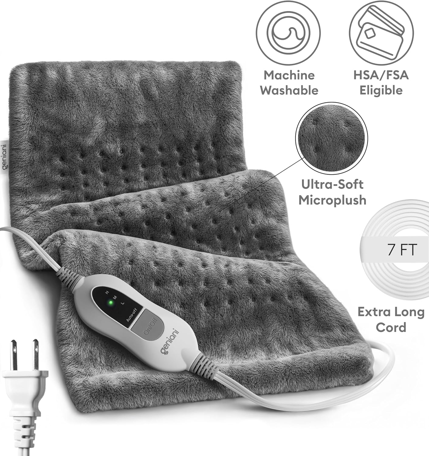 GENIANI Electric Heating Pad for Back Pain & Cramps Relief, Electric Throw, Self Care Gifts for Women, Heating Pad for Neck & Shoulder, Machine Washable Microplush, Auto Shut Off (12"x24", Tabby Gray) - Image 3