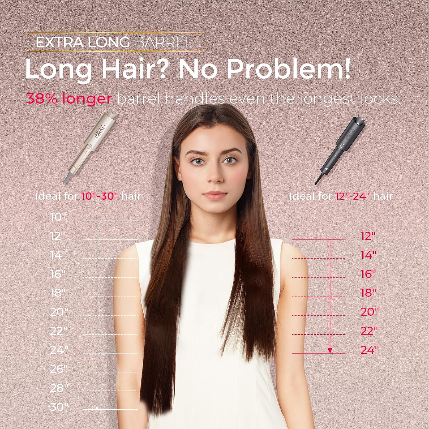 TYMO CurlPro Plus Automatic Rotating Curling Iron - Upgraded Long Barrel Curling Wand for Beach Waves & Long Hair, Ceramic Hair Curler for Women, Anti-Scald, 600M Ionic, Dual Voltage, Gold, 1 Inch - Image 3