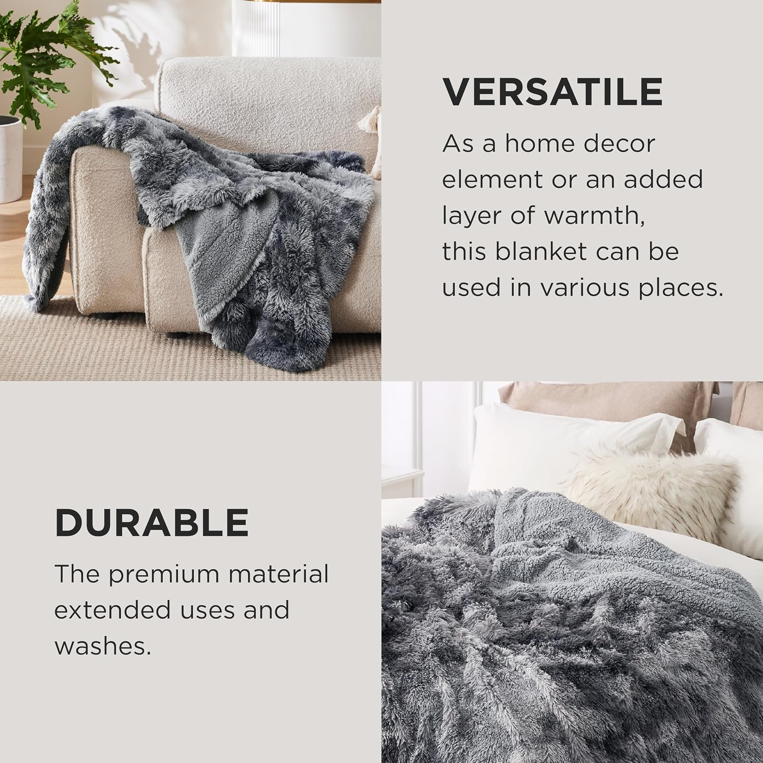 Bedsure Faux Fur Fluffy Sherpa Fleece Queen Bed Blanket Grey 90"x90" | Fuzzy Plush, Thick Warm, Fall, Comfort Cozy Soft Home Room Decor, Gift for Women Men, Bedroom Bed, Teen Girl Bedding - Image 4