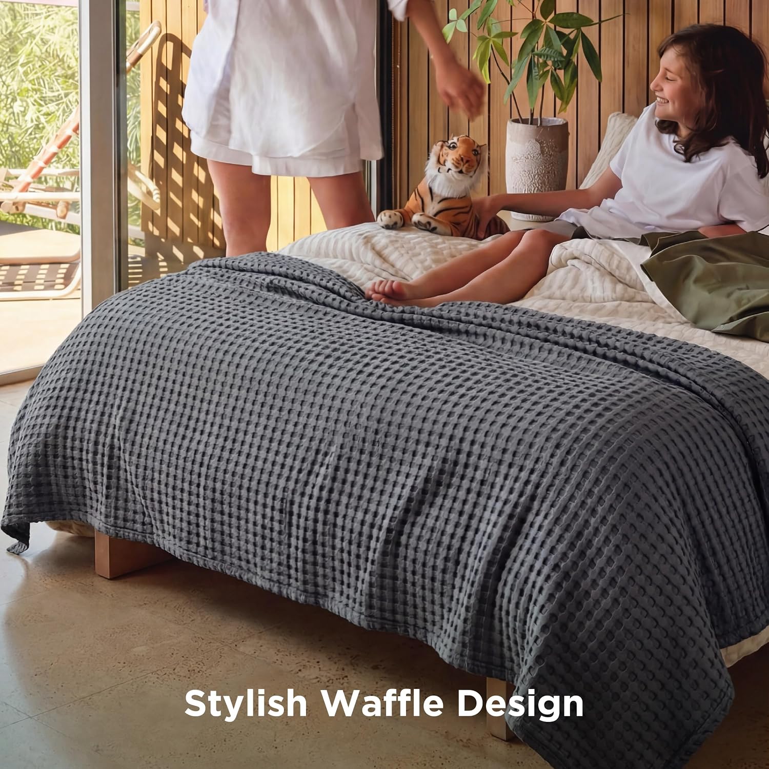 Bedsure Cooling Cotton Waffle Queen Size Blanket - Lightweight Breathable Blanket of Rayon Derived from Bamboo for Hot Sleepers, Luxury Throws for Bed, Couch and Sofa, Dark Grey, 90x90 Inches - Image 5
