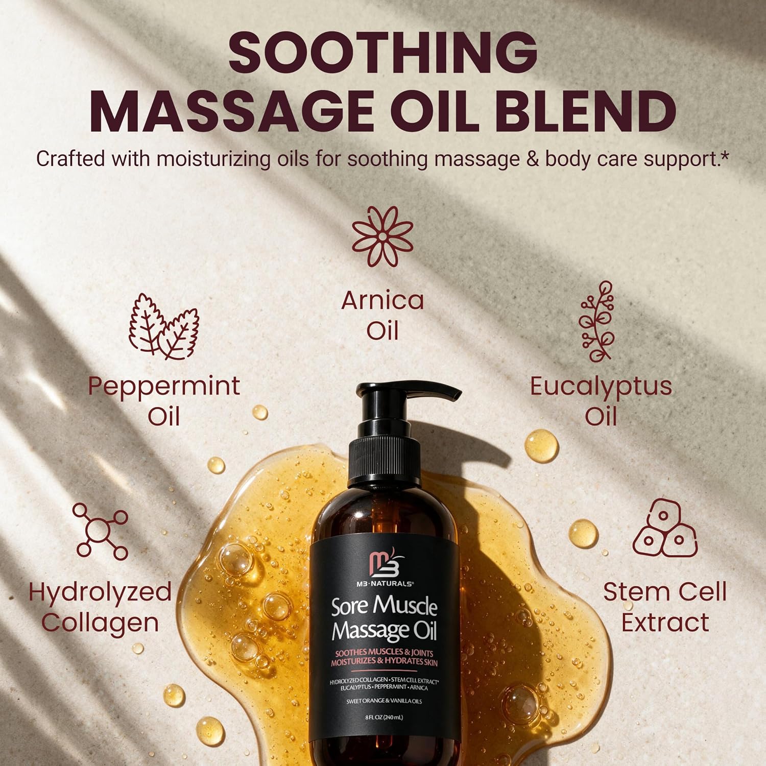 Arnica Massage Oil for Sore Muscles with Collagen, Stem Cells 8 fl oz by M3 | Fast-Absorbing Massage Oil for Full-Body Use, Soothes Muscles & Joints, Moisturizes Skin, Helps Smooth Skin Texture - Image 10