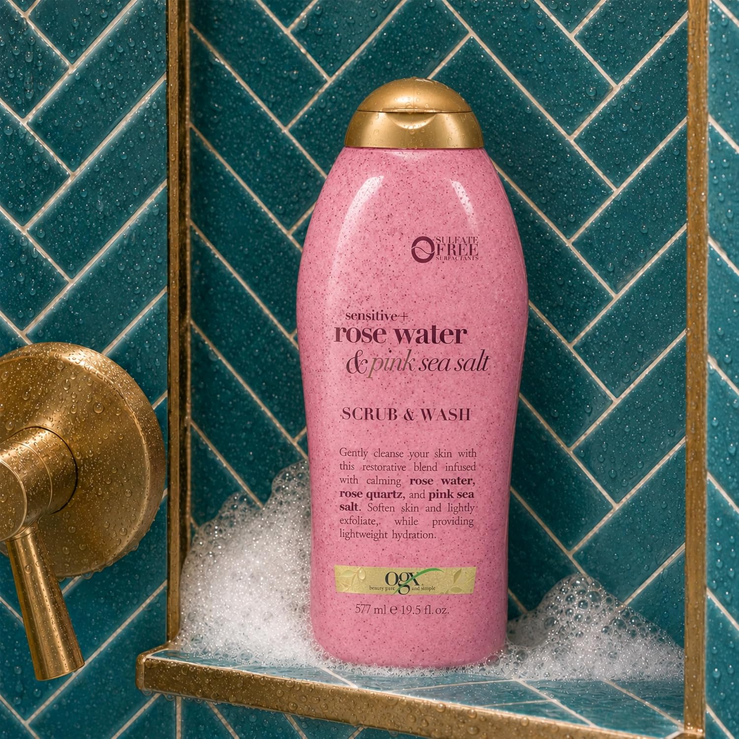 OGX Sensitive + Rose Water & Pink Sea Salt Body Scrub, 19.5 fl oz | Gentle Exfoliating Daily Body Wash, Rose Quartz, Softens Skin, Sulfate-Free Surfactants - Image 3