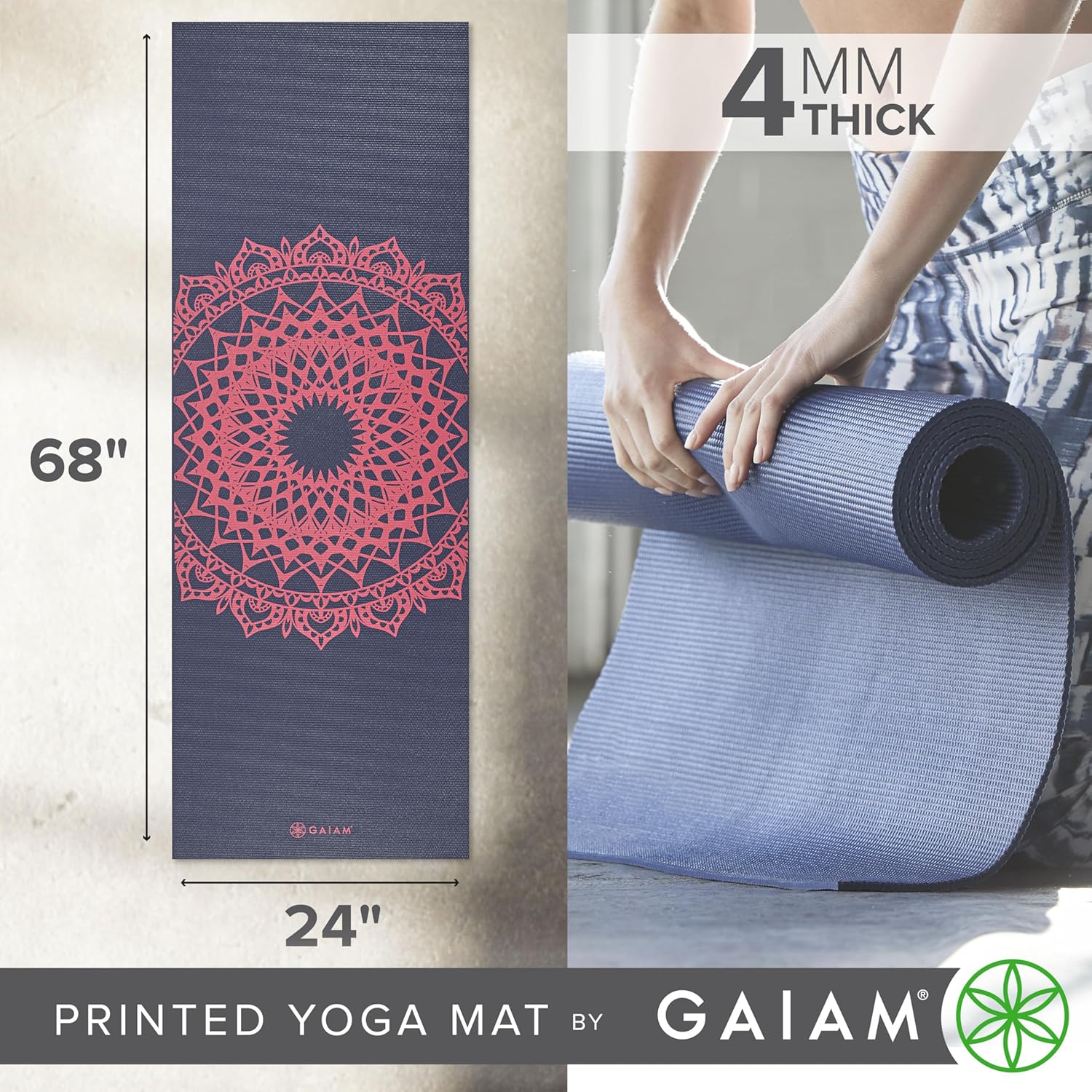 Gaiam Yoga Mat Classic Print, 4mm Non-Slip Mat | Lightweight 4mm print yoga mat with non-slip grip. Ideal for yoga, Pilates & floor workouts at home or studio. - Image 4